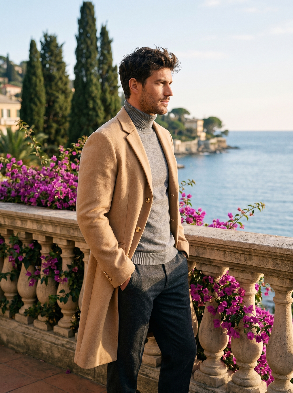 Side profile of a man wearing a camel single-breasted tailored coat overlooking Lake Como — Belvoirne