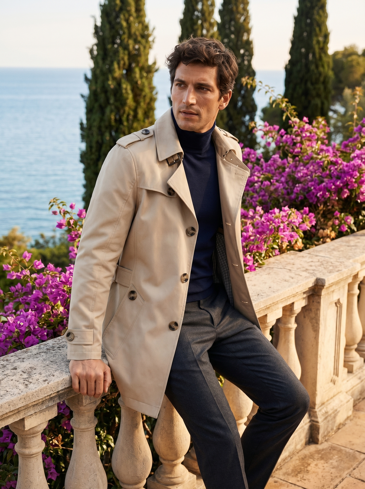 Man seated on a stone balustrade wearing a cream cotton trench coat overlooking Lake Como — Belvoirne