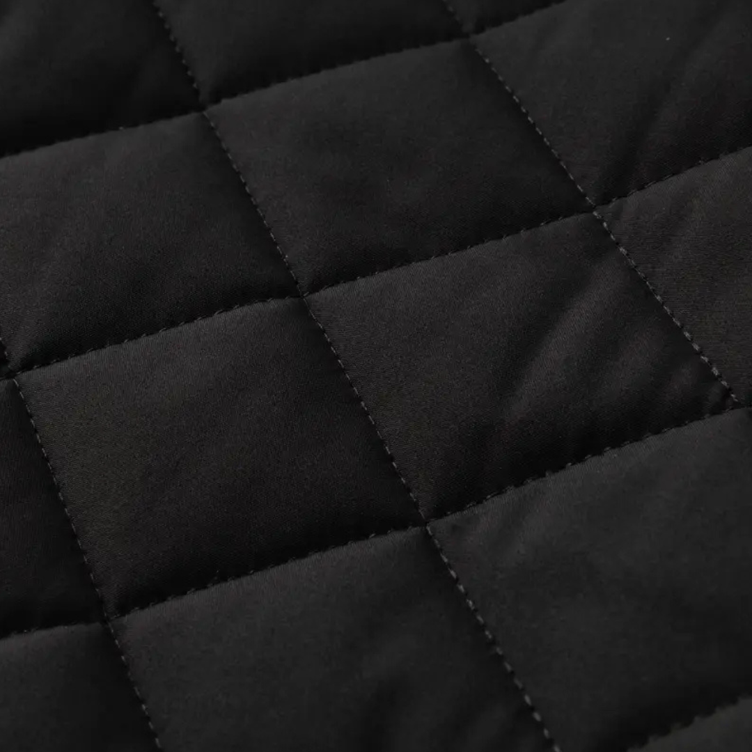 Fleece-lined quilted jacket detail, old money men's outerwear product photo — Belvoirne
