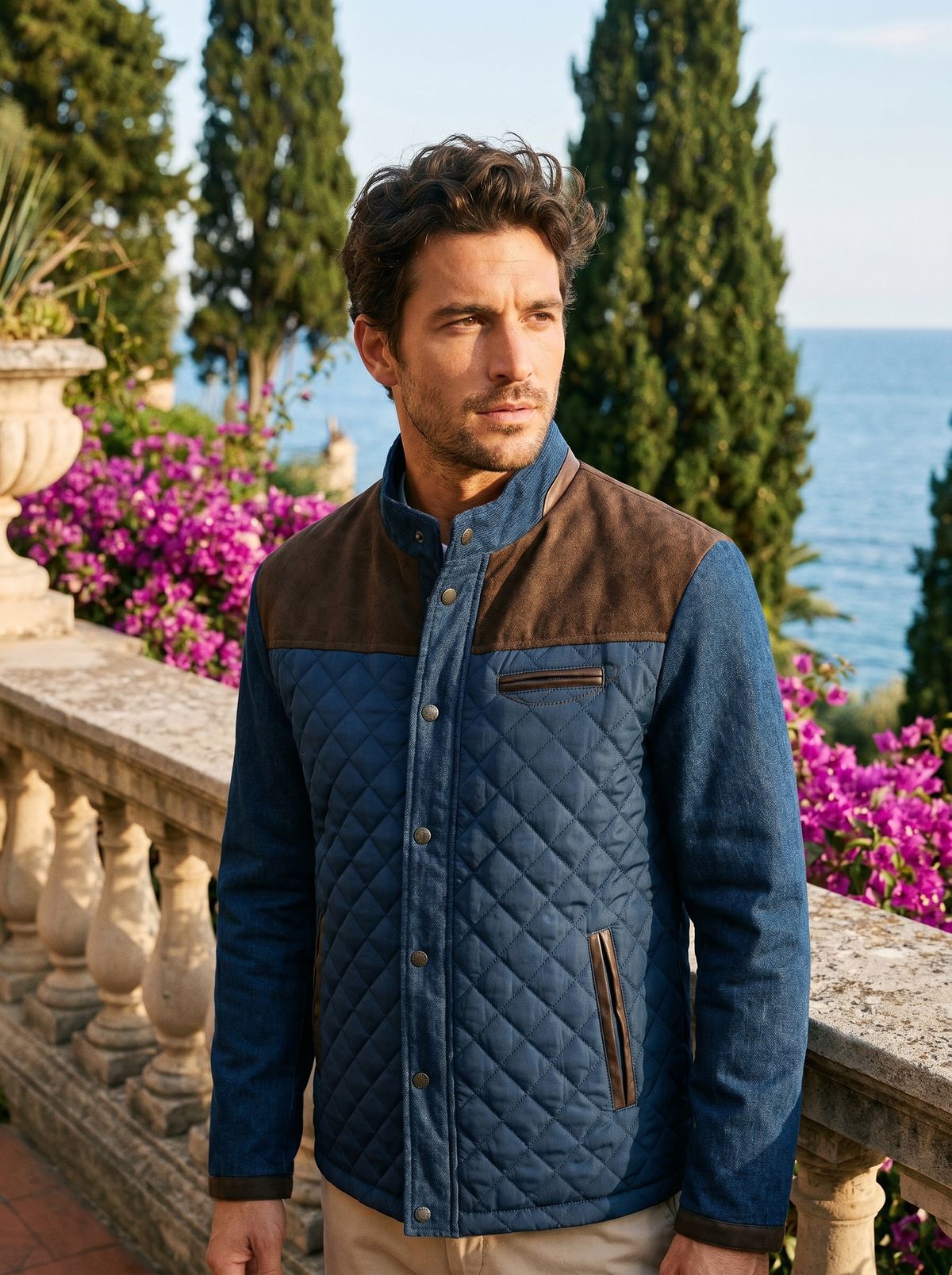 Man wearing a quilted jacket on a Lake Como terrace, old money style — Belvoirne
