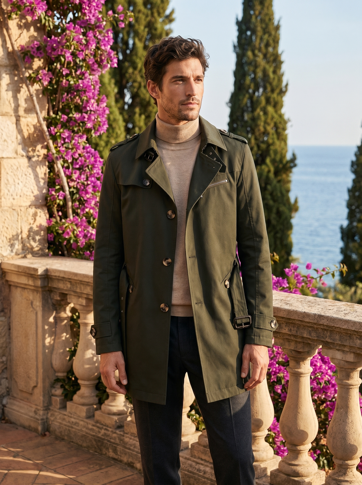 Man wearing an army green cotton trench coat on a balcony overlooking Lake Como, old money style — Belvoirne
