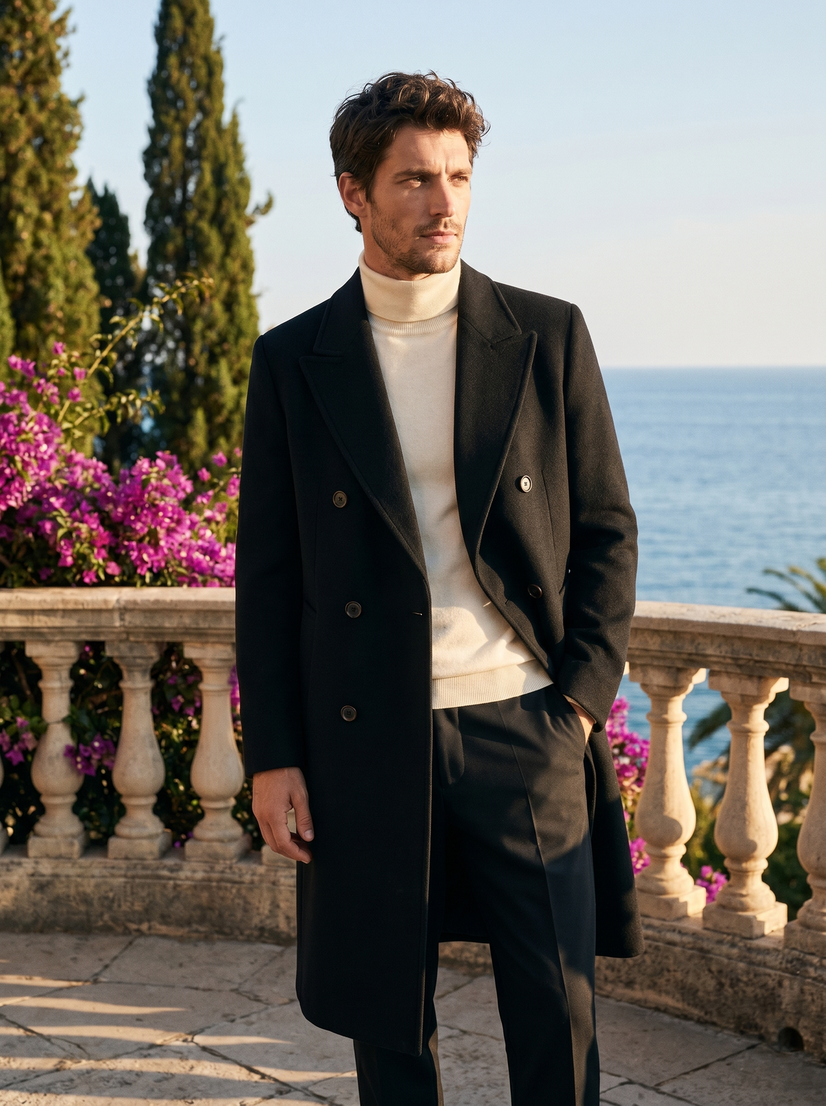 Man wearing a black double-breasted wool coat on a balcony overlooking Lake Como, old money style — Belvoirne