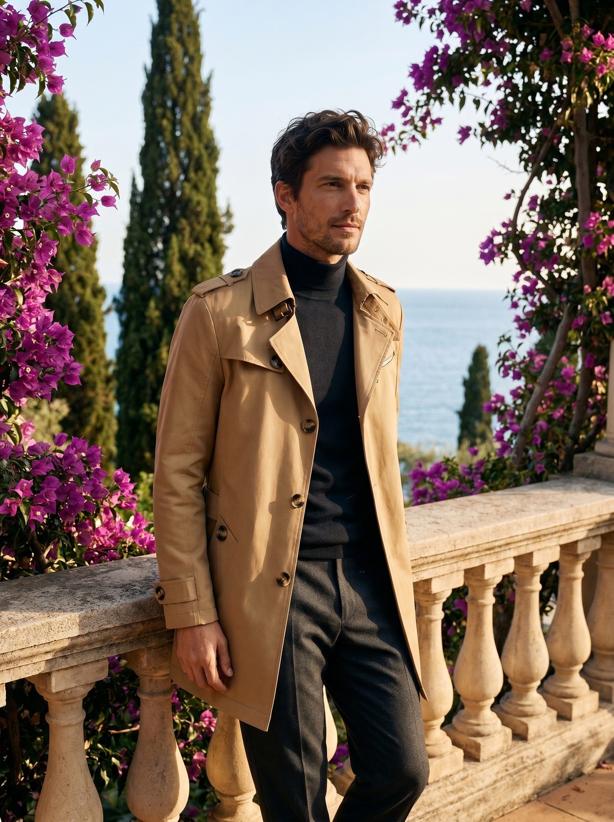 Man wearing a camel cotton trench coat on a balcony overlooking Lake Como, old money style — Belvoirne