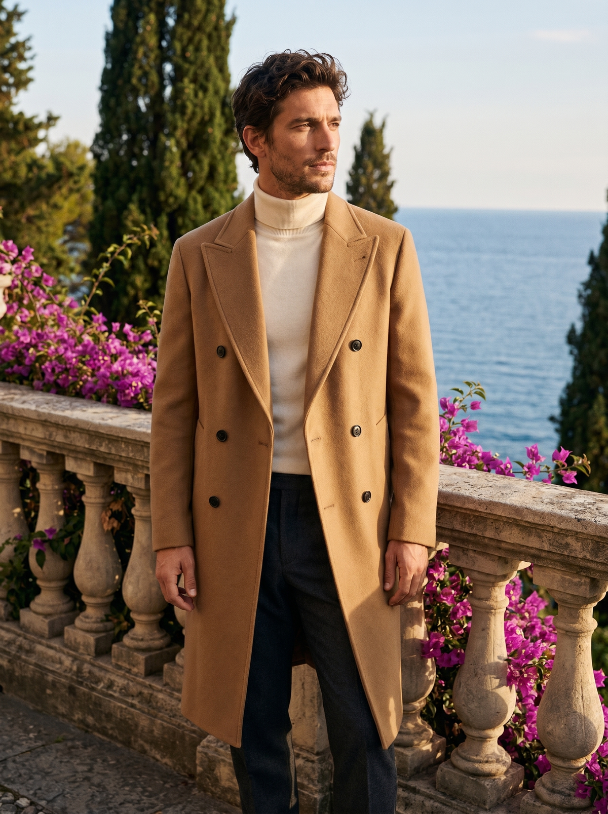 Man wearing a camel double-breasted wool coat on a balcony overlooking Lake Como, old money style — Belvoirne