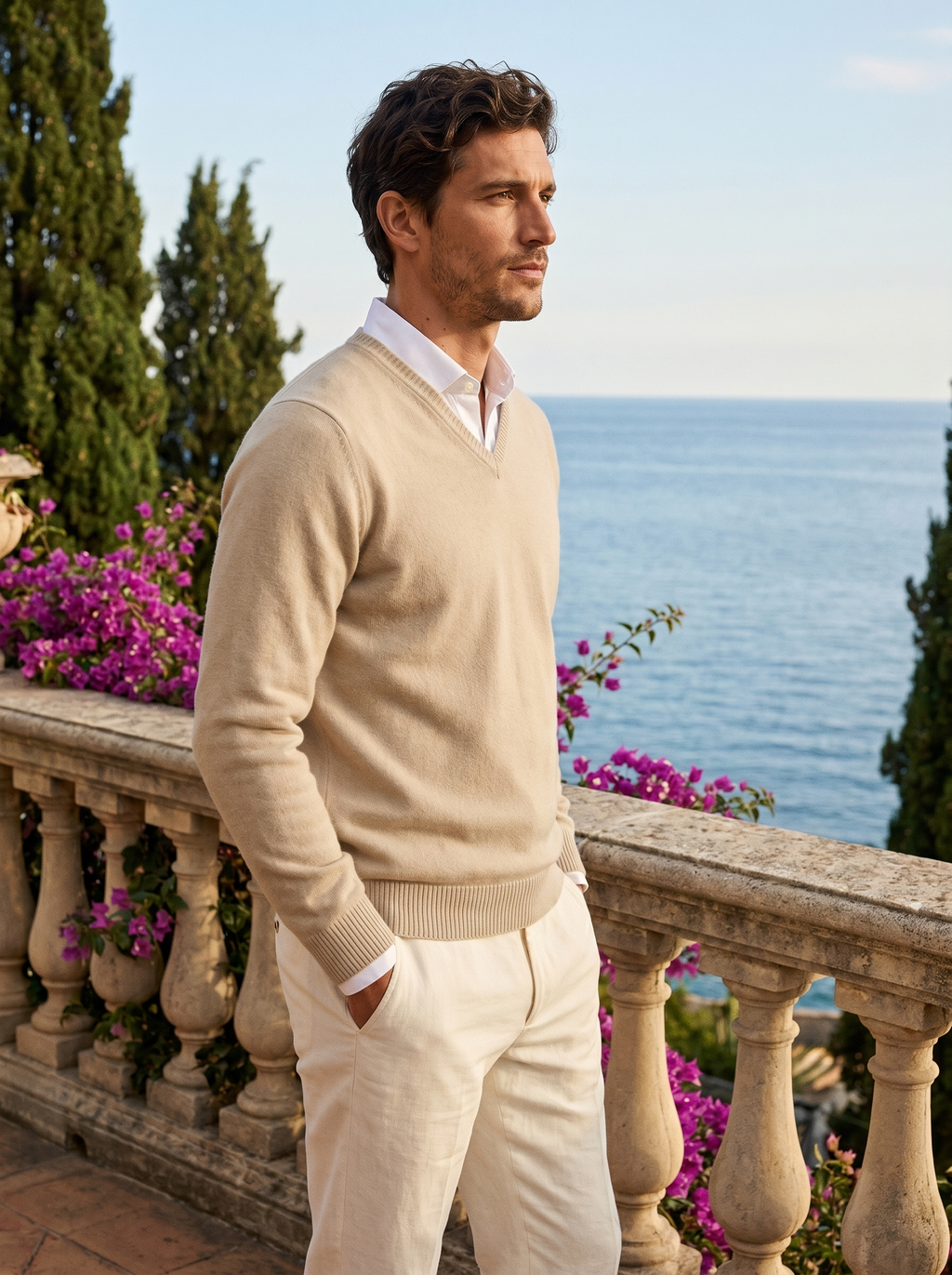 Side profile of a man wearing a beige wool V-neck jumper by Lake Como — Belvoirne