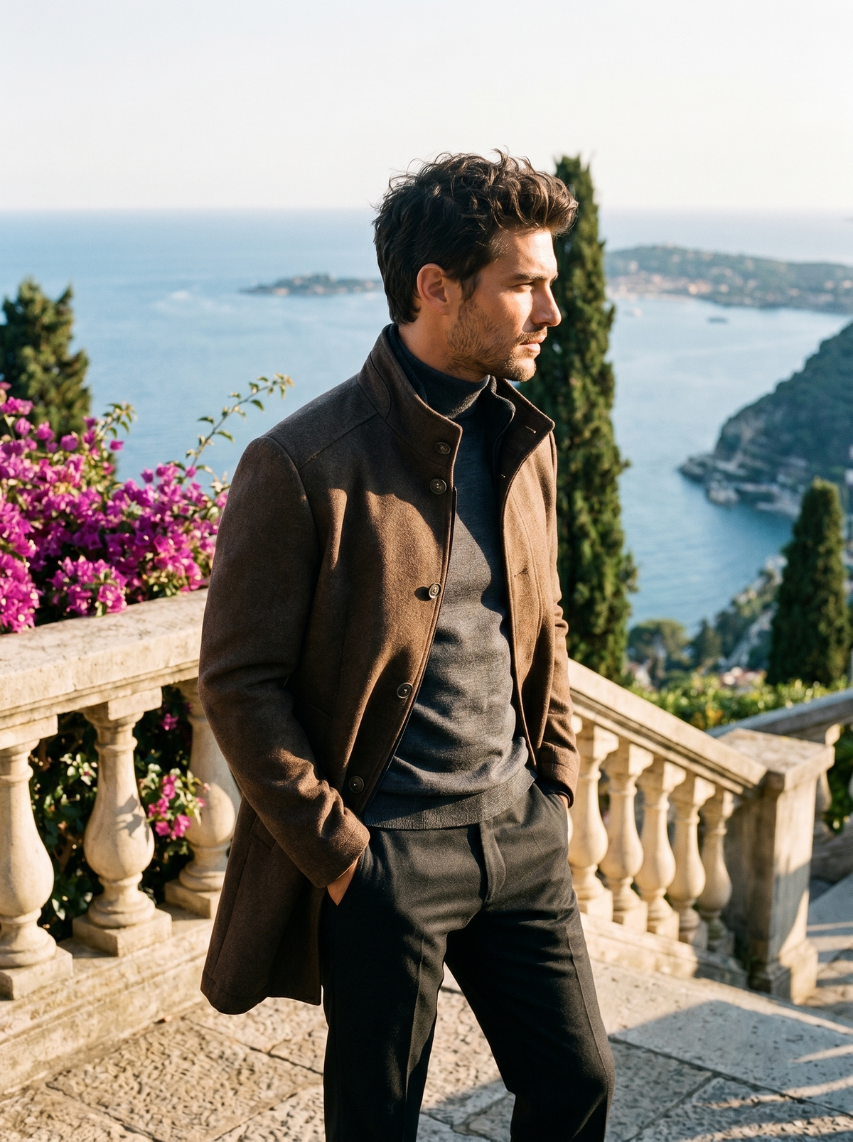 Side profile of a man wearing a brown stand-collar tailored coat overlooking Lake Como — Belvoirne