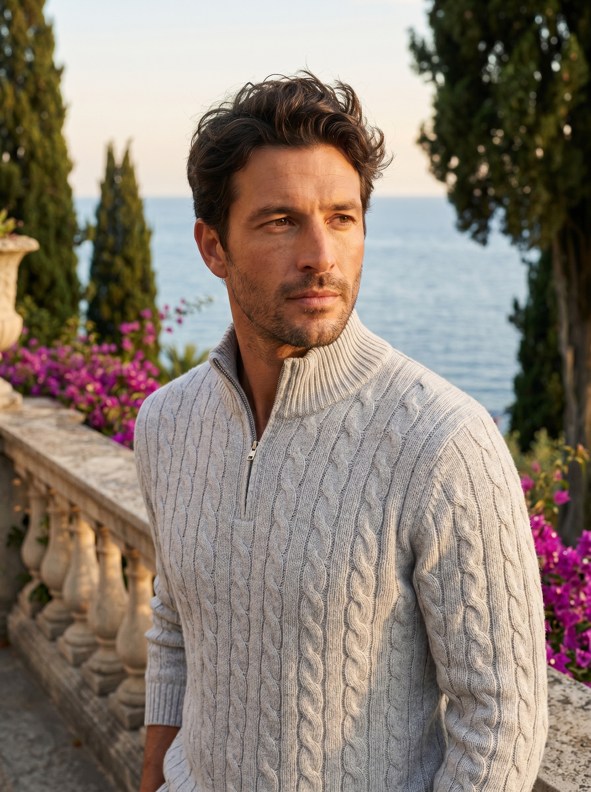 Man wearing a cable knit wool half-zip jumper on a Lake Como terrace, old money style — Belvoirne