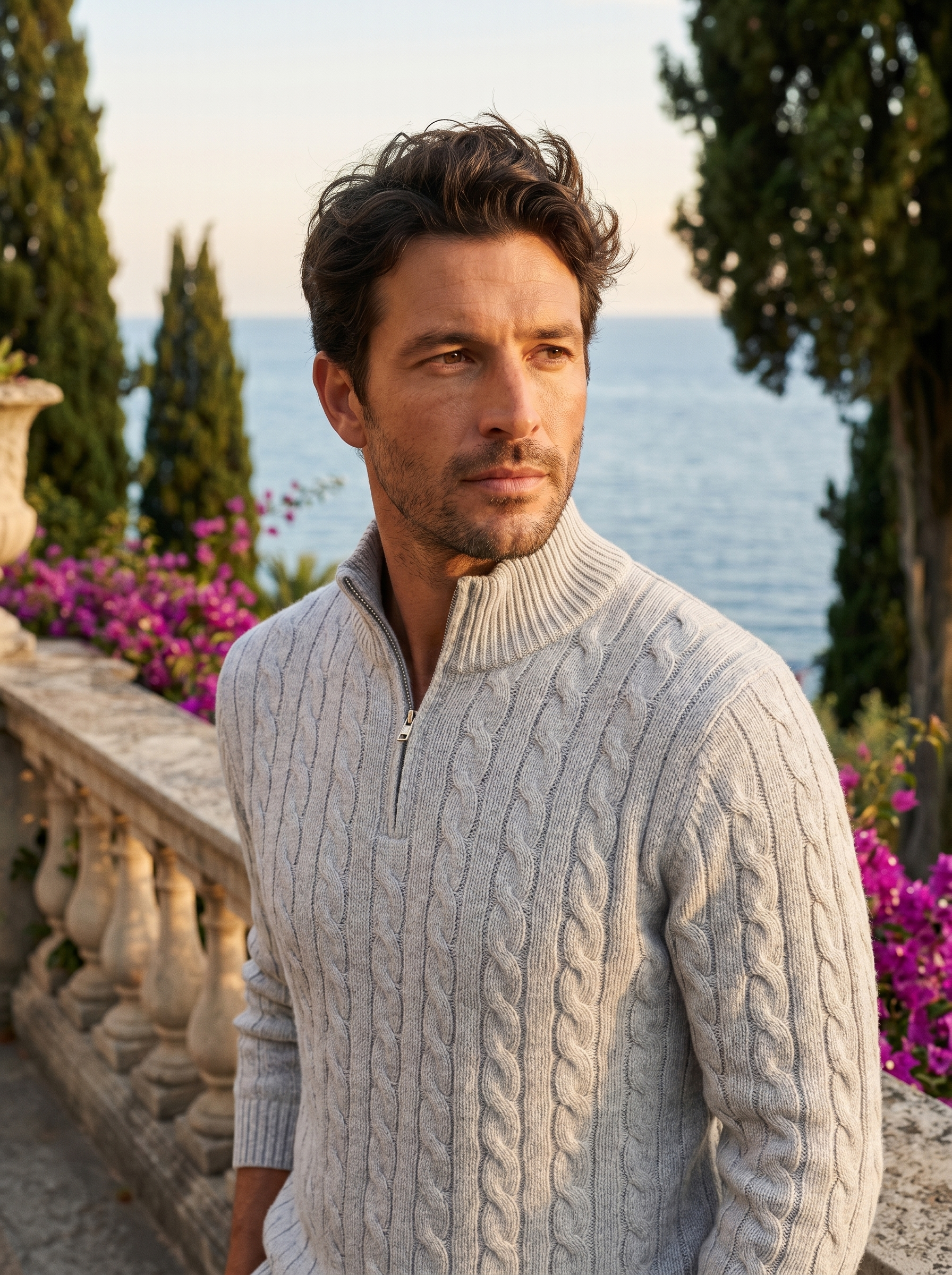 Man wearing a cable knit wool half-zip jumper on a Lake Como terrace, old money style — Belvoirne