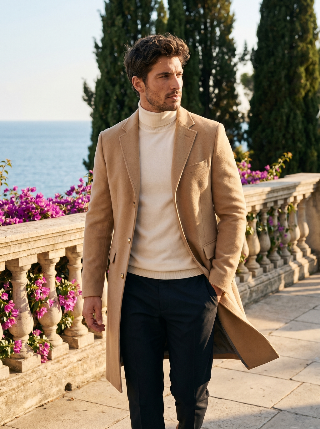 Full-length shot of a man walking in a camel single-breasted tailored coat by Lake Como — Belvoirne