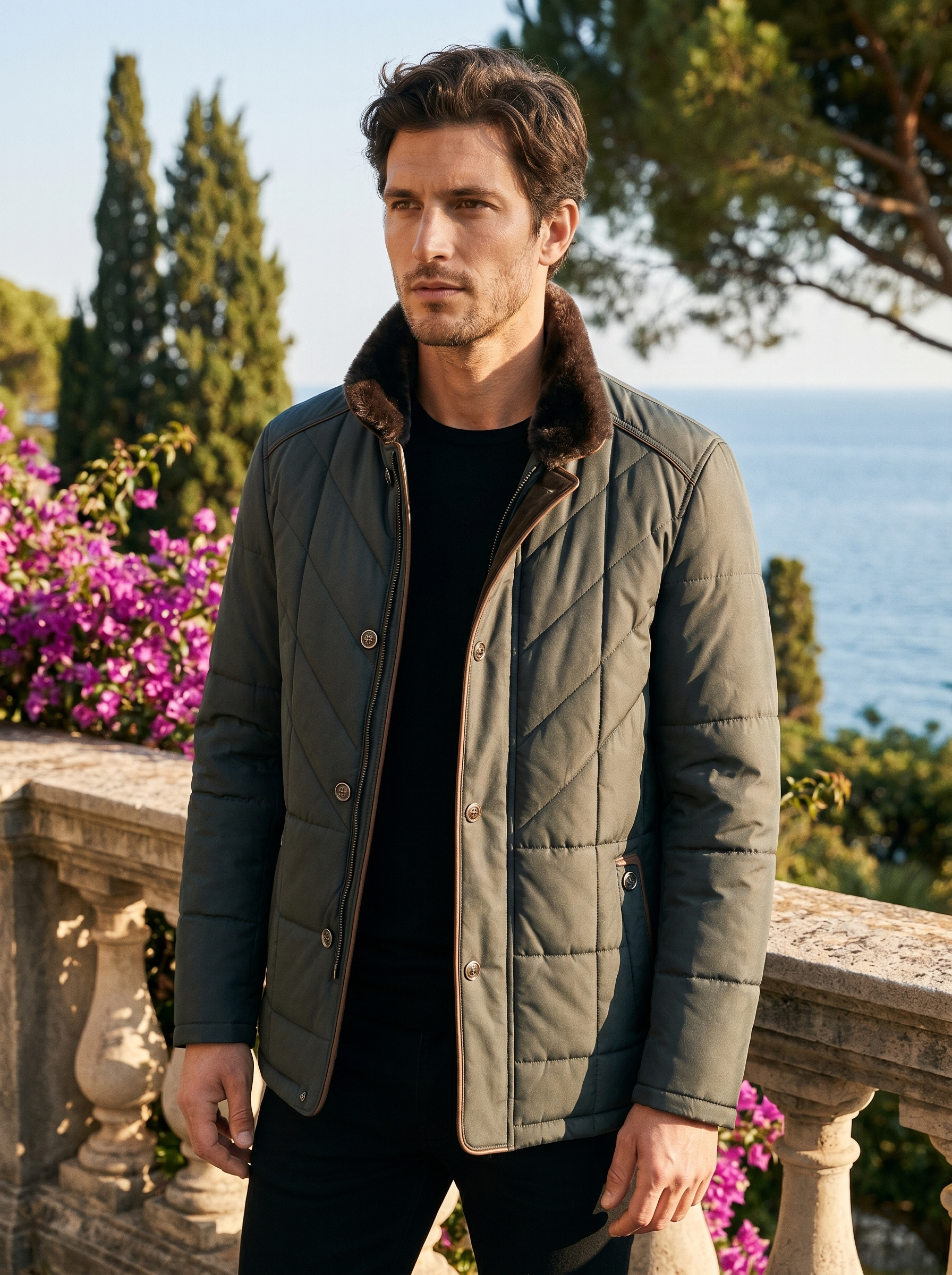 Man wearing a charcoal quilted jacket on a Lake Como terrace, old money style — Belvoirne