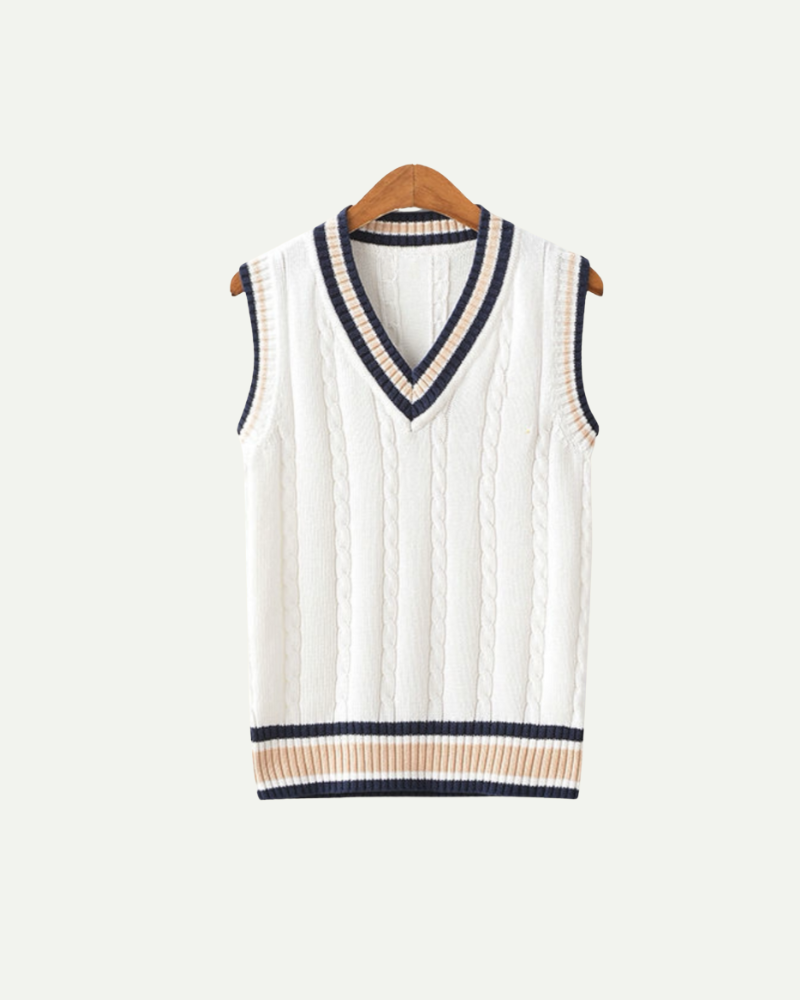 Contrast-trim sweater vest, old money men's knitwear product photo — Belvoirne