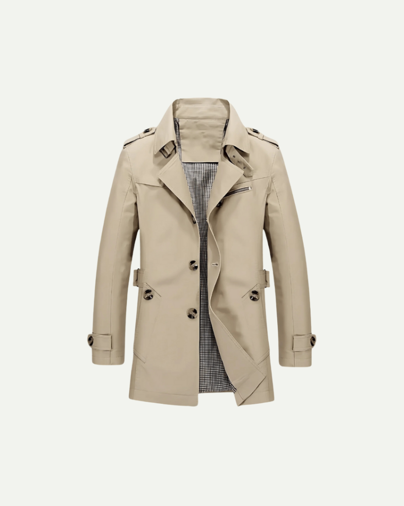 Cotton trench coat, old money men's outerwear product photo — Belvoirne