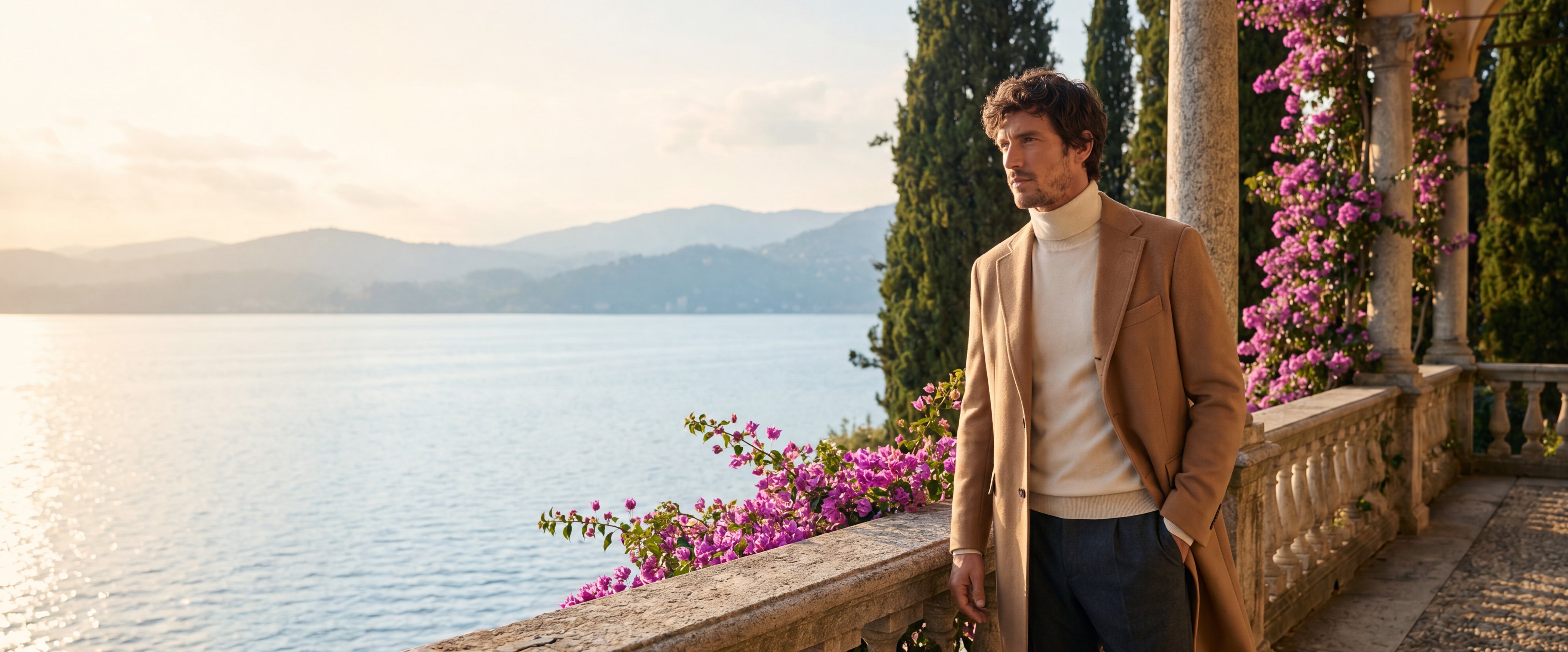 Man standing by a scenic old money lakeside wearing a turtleneck and coat with mountains and flowers in the background