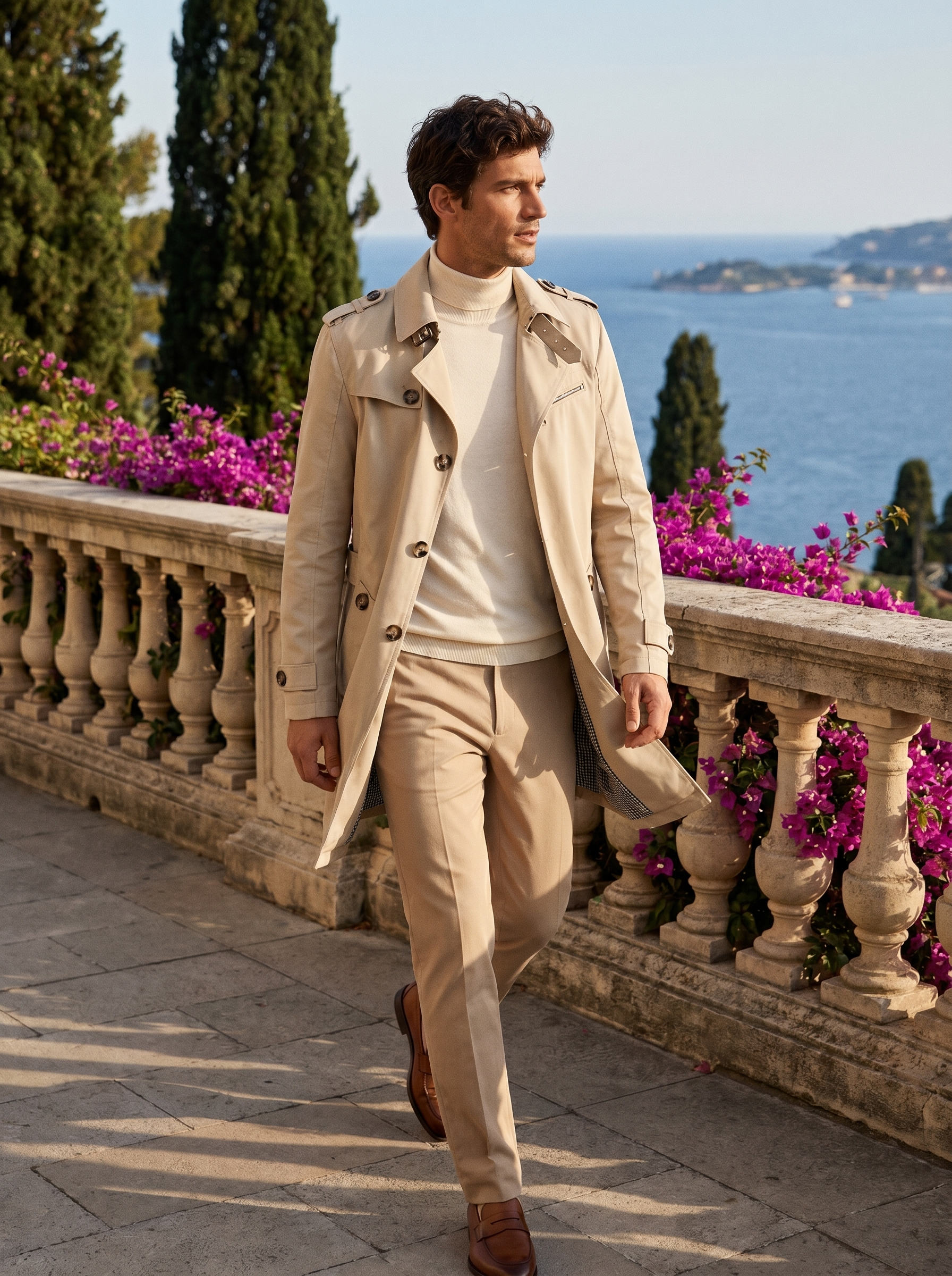 Full-length shot of a man walking in a cream cotton trench coat by Lake Como — Belvoirne