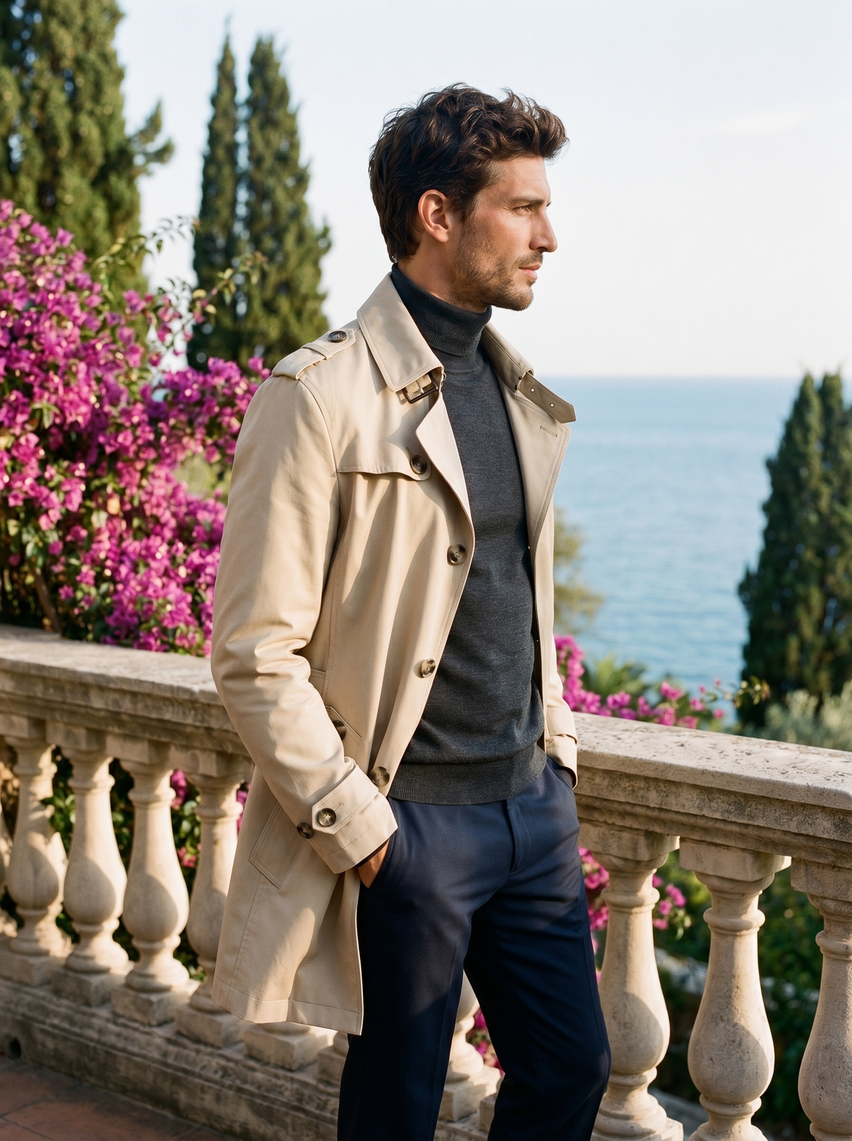 Side profile of a man wearing a cream cotton trench coat overlooking Lake Como — Belvoirne