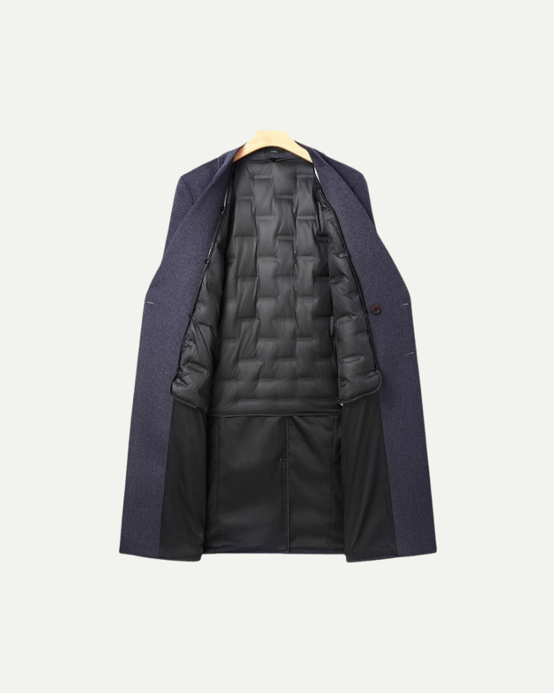 Double-breasted wool coat detail, old money men's outerwear product photo — Belvoirne