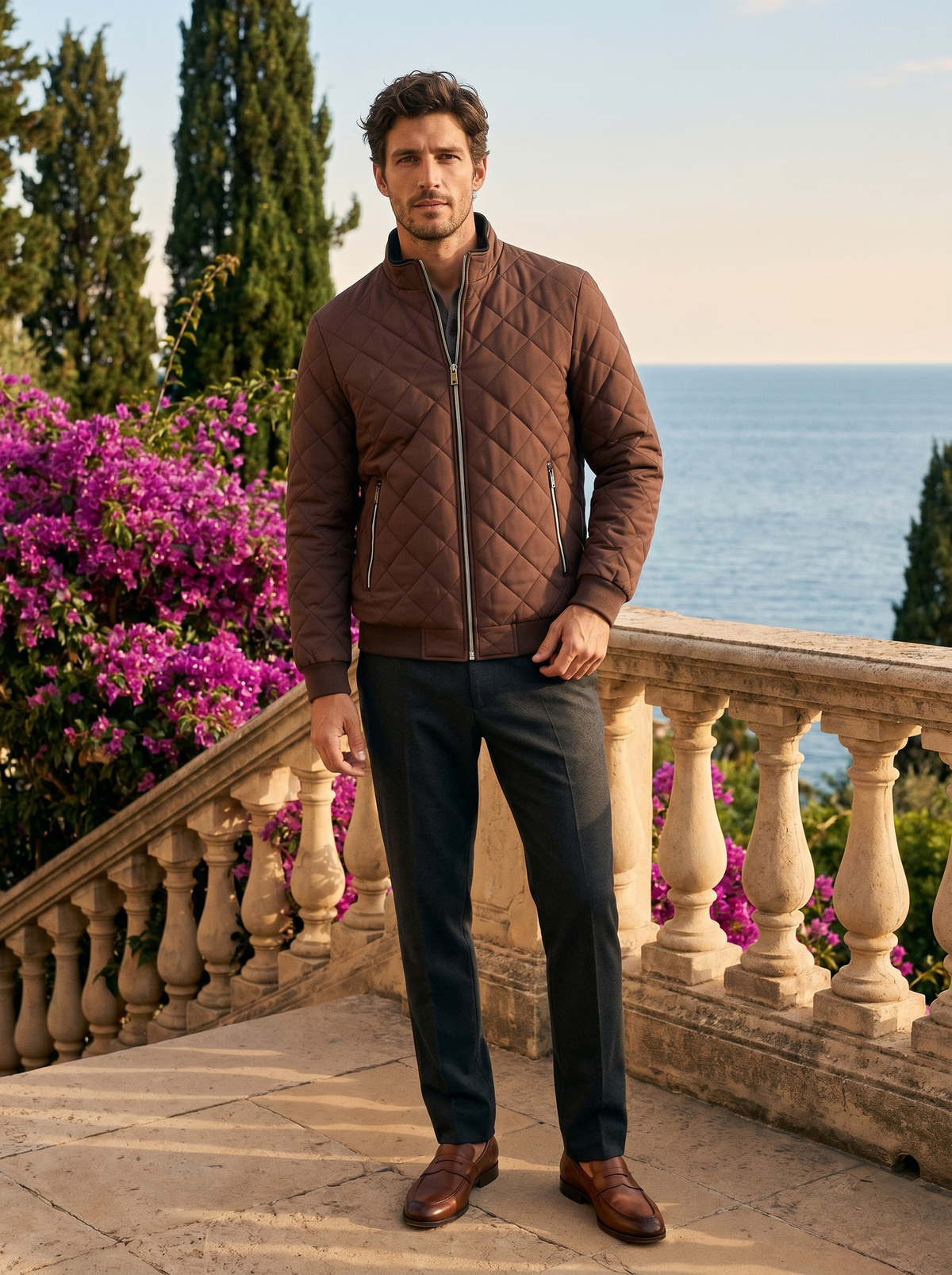 Full-length shot of a man in a fleece-lined quilted jacket by Lake Como — Belvoirne