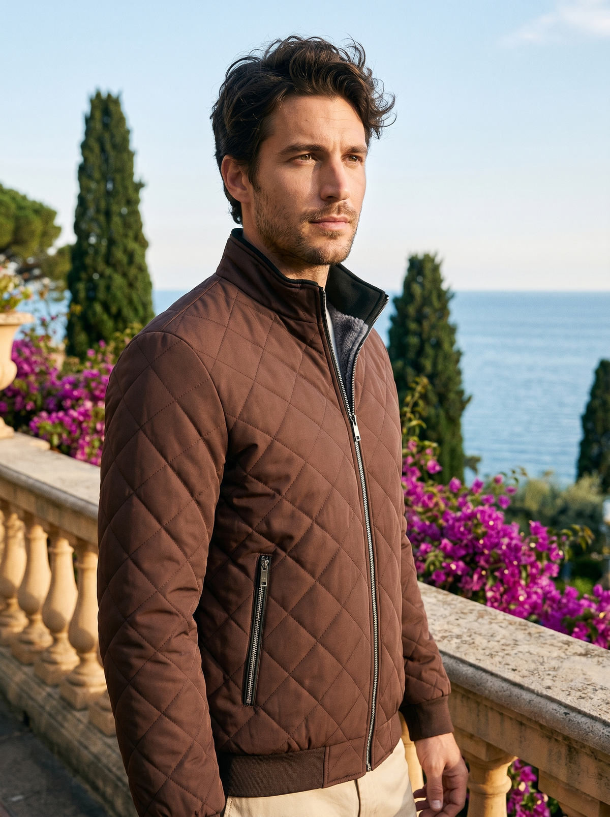 Man wearing a fleece-lined quilted jacket on a Lake Como terrace, old money style — Belvoirne
