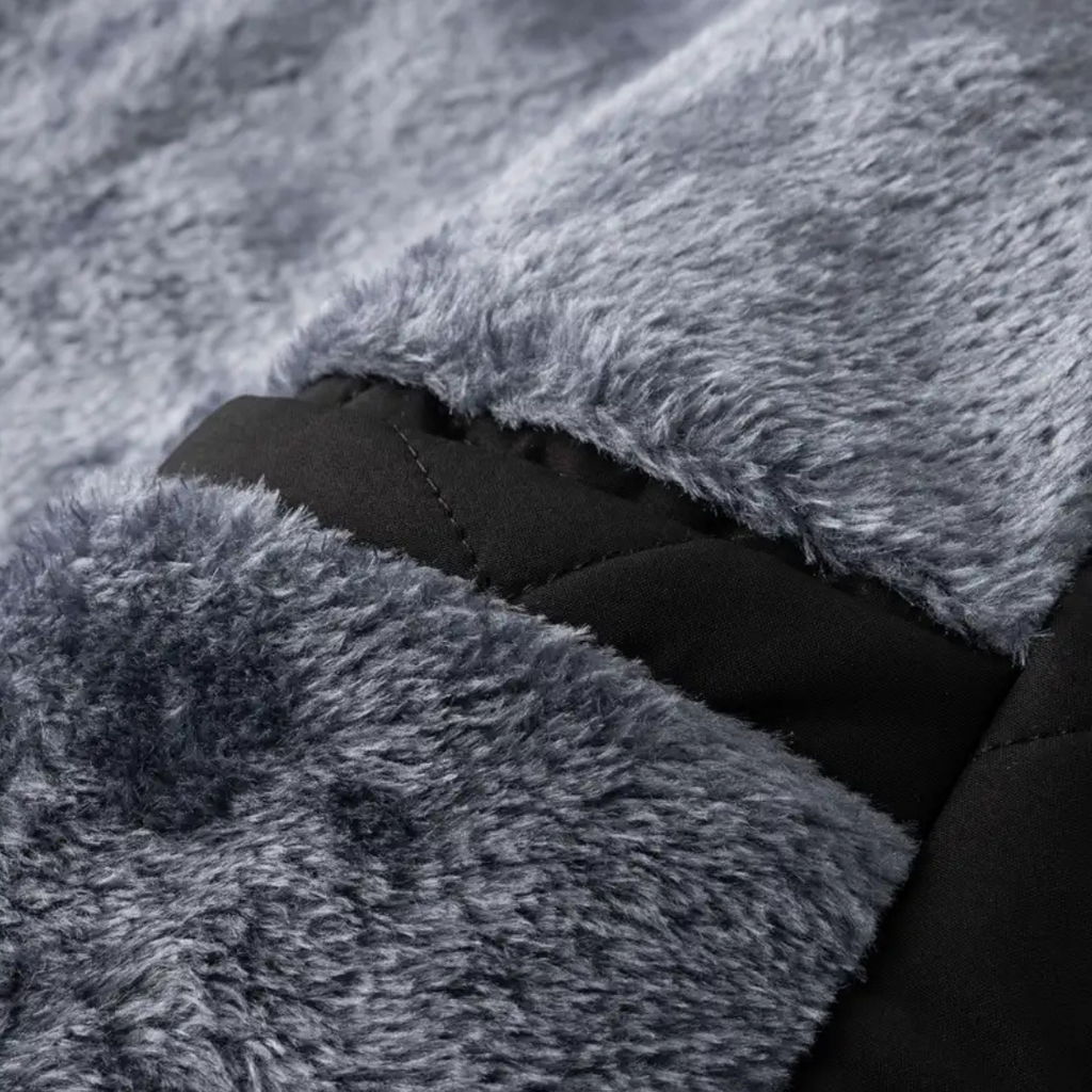 Fleece-lined quilted jacket detail, old money men's outerwear product photo — Belvoirne