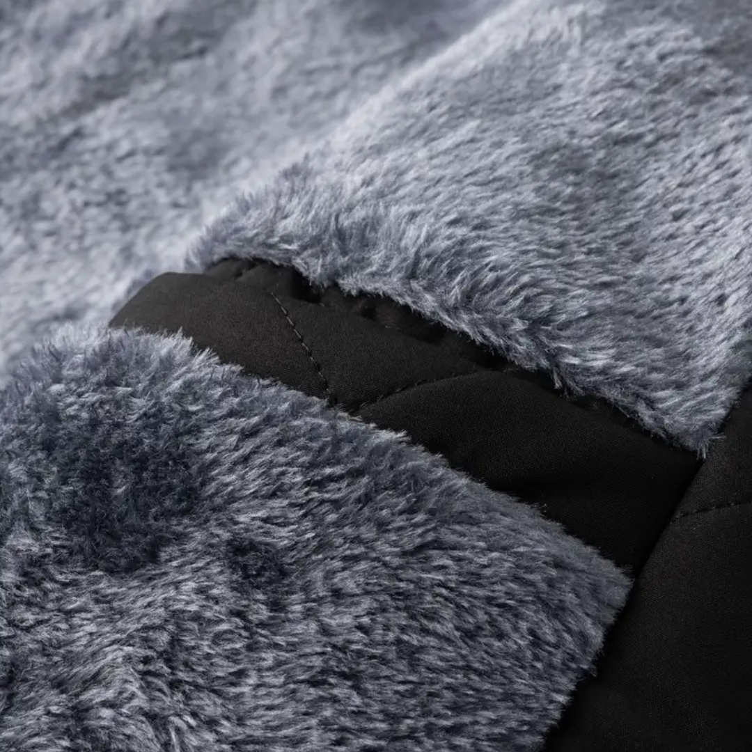Fleece-lined quilted jacket detail, old money men's outerwear product photo — Belvoirne