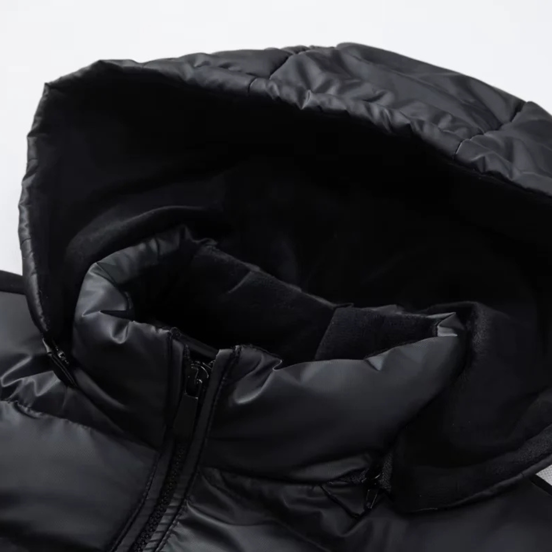 Hooded puffer jacket detail, old money men's outerwear product photo — Belvoirne