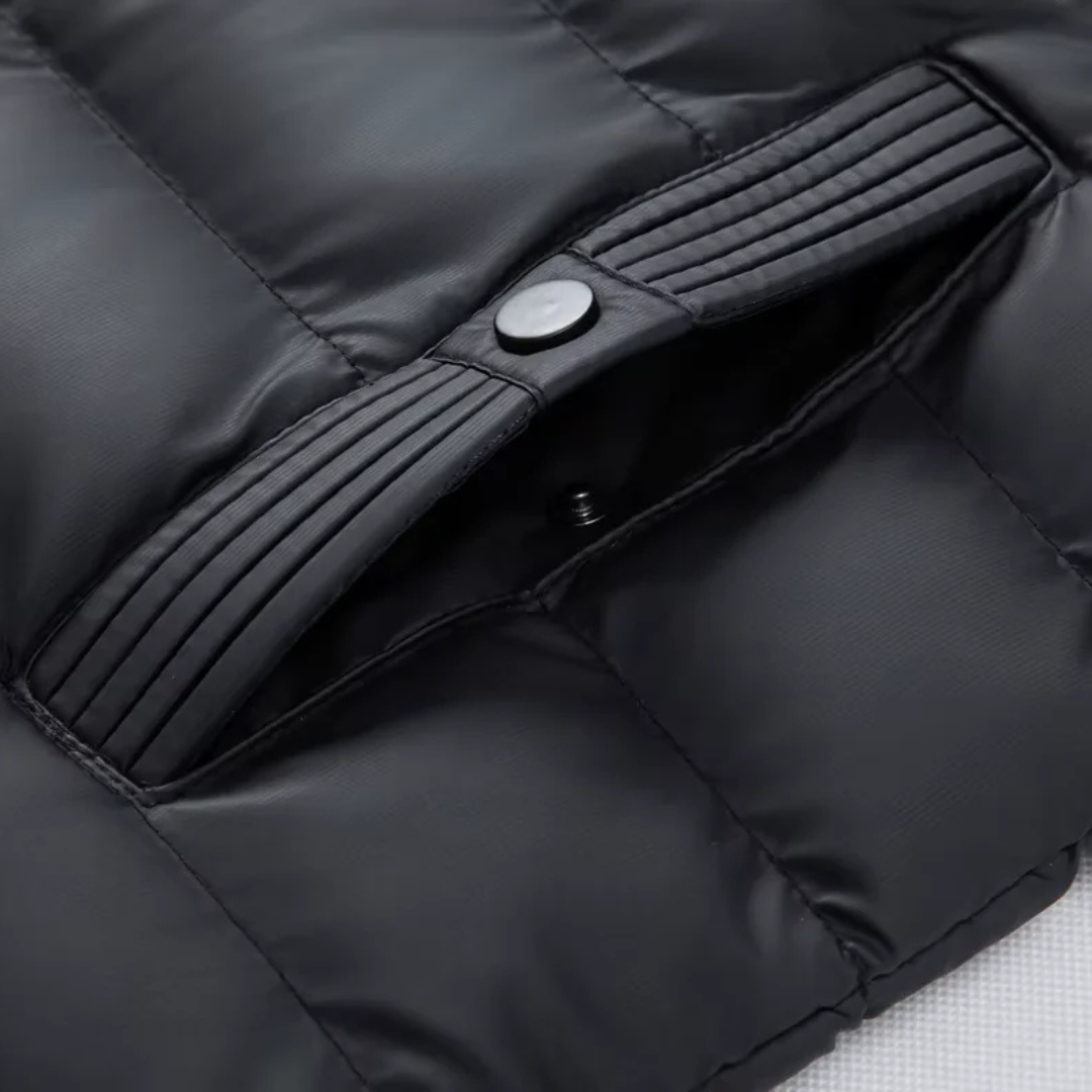 Hooded puffer jacket detail, old money men's outerwear product photo — Belvoirne