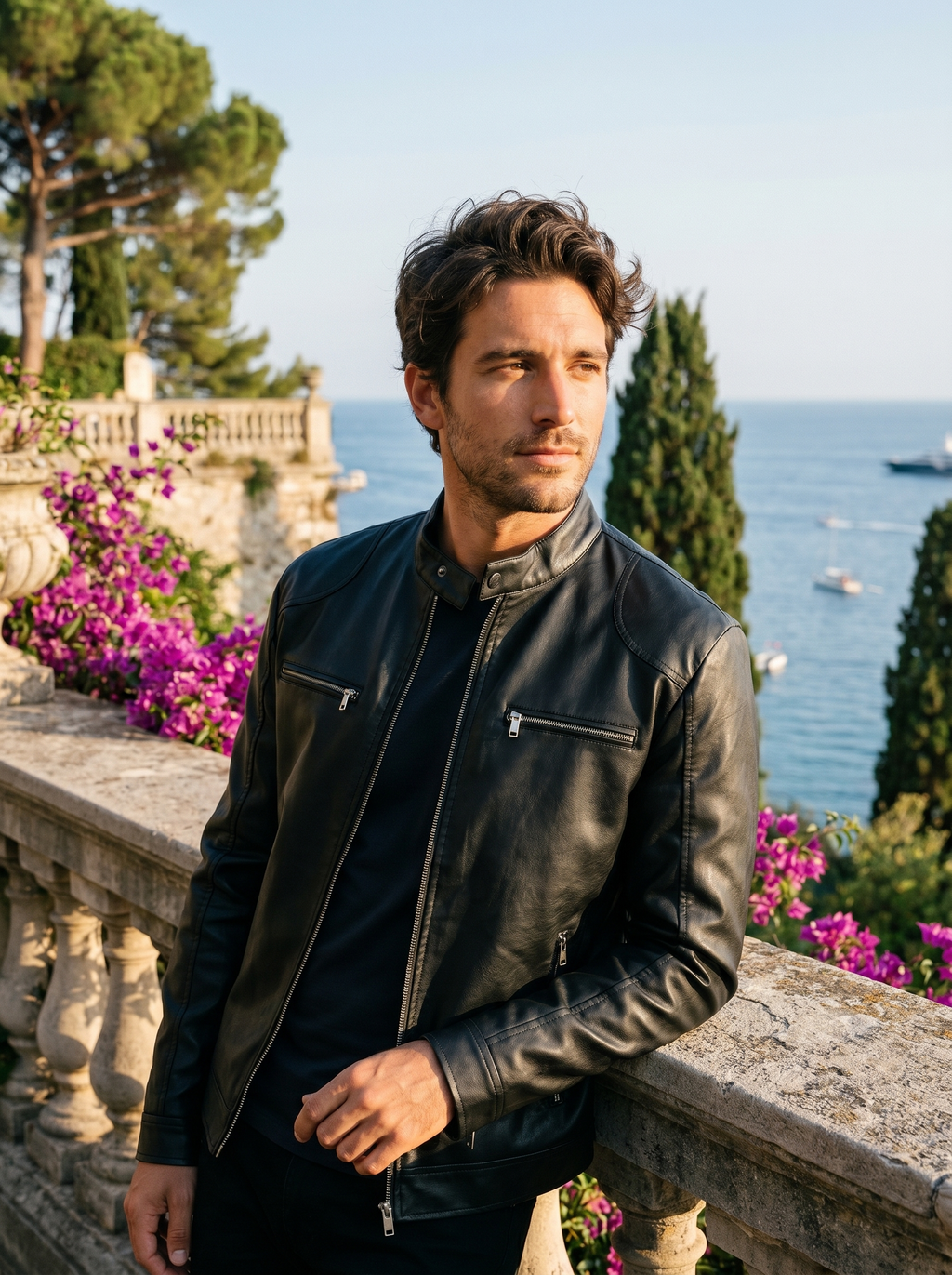 Man wearing a leather biker jacket on a Lake Como terrace, old money style — Belvoirne