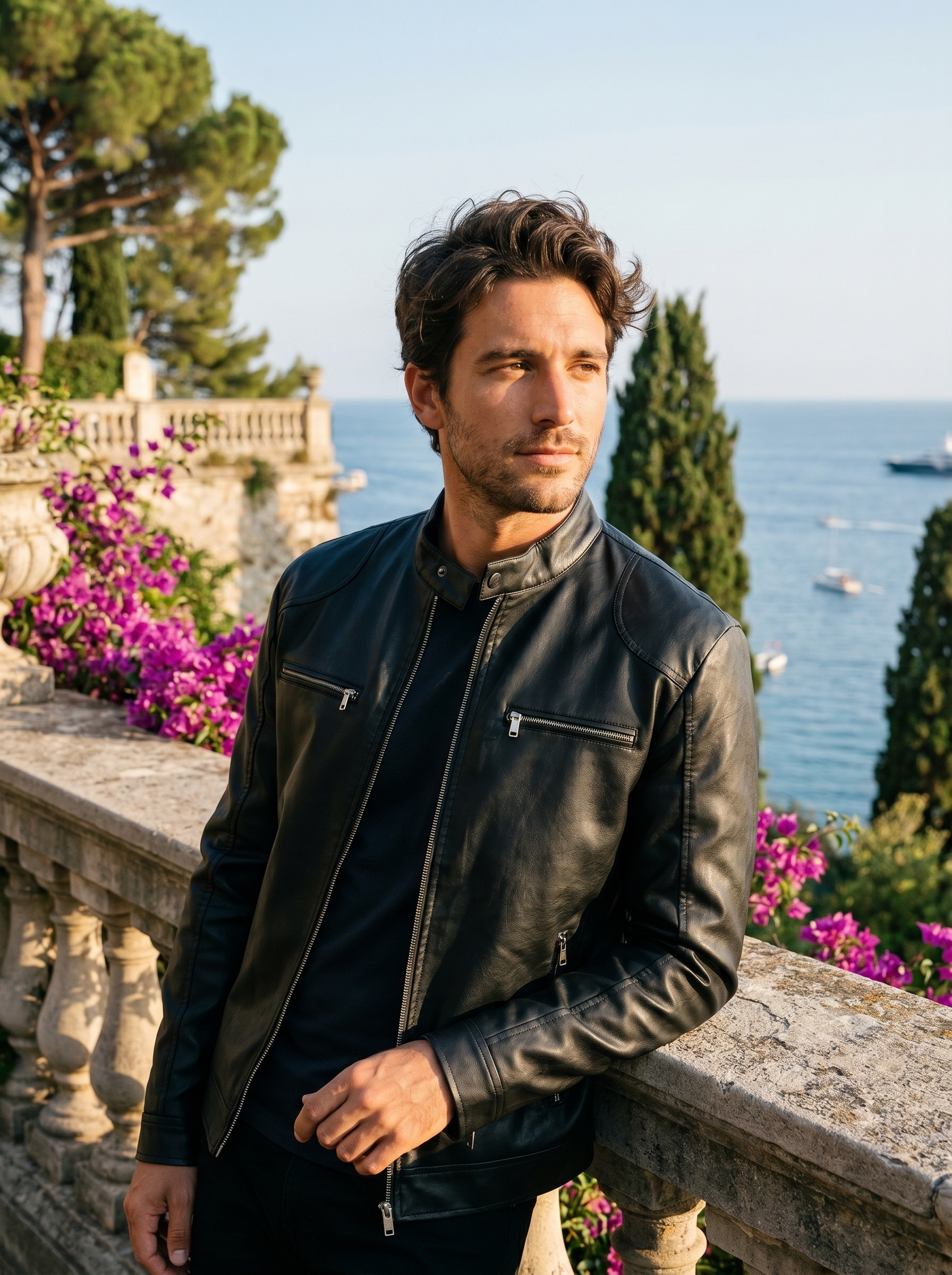 Man wearing a leather biker jacket on a Lake Como terrace, old money style — Belvoirne