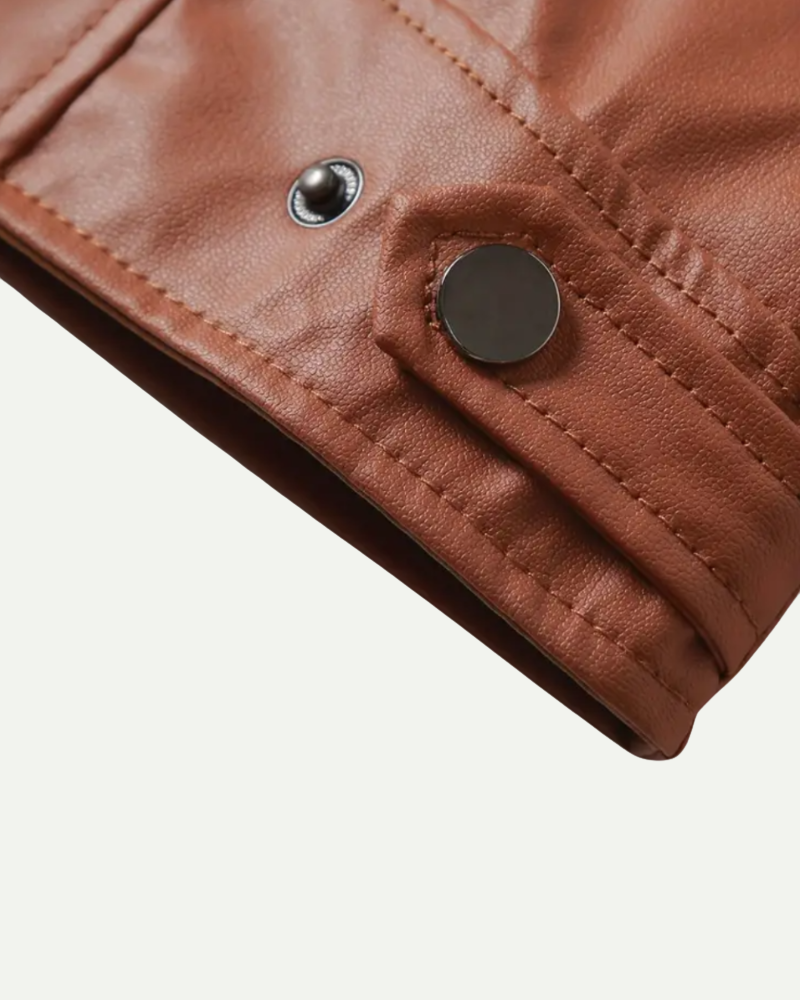 Leather biker jacket detail, old money men's outerwear product photo — Belvoirne