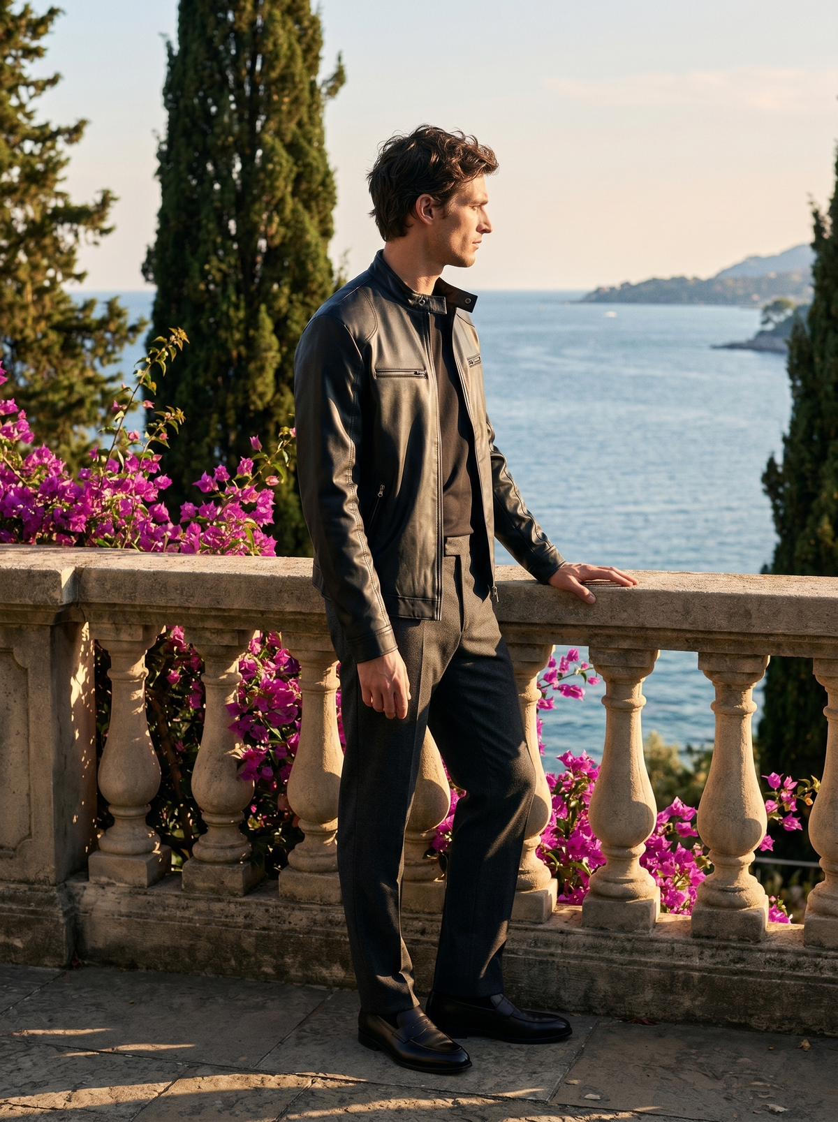 Side profile of a man wearing a leather biker jacket overlooking Lake Como — Belvoirne