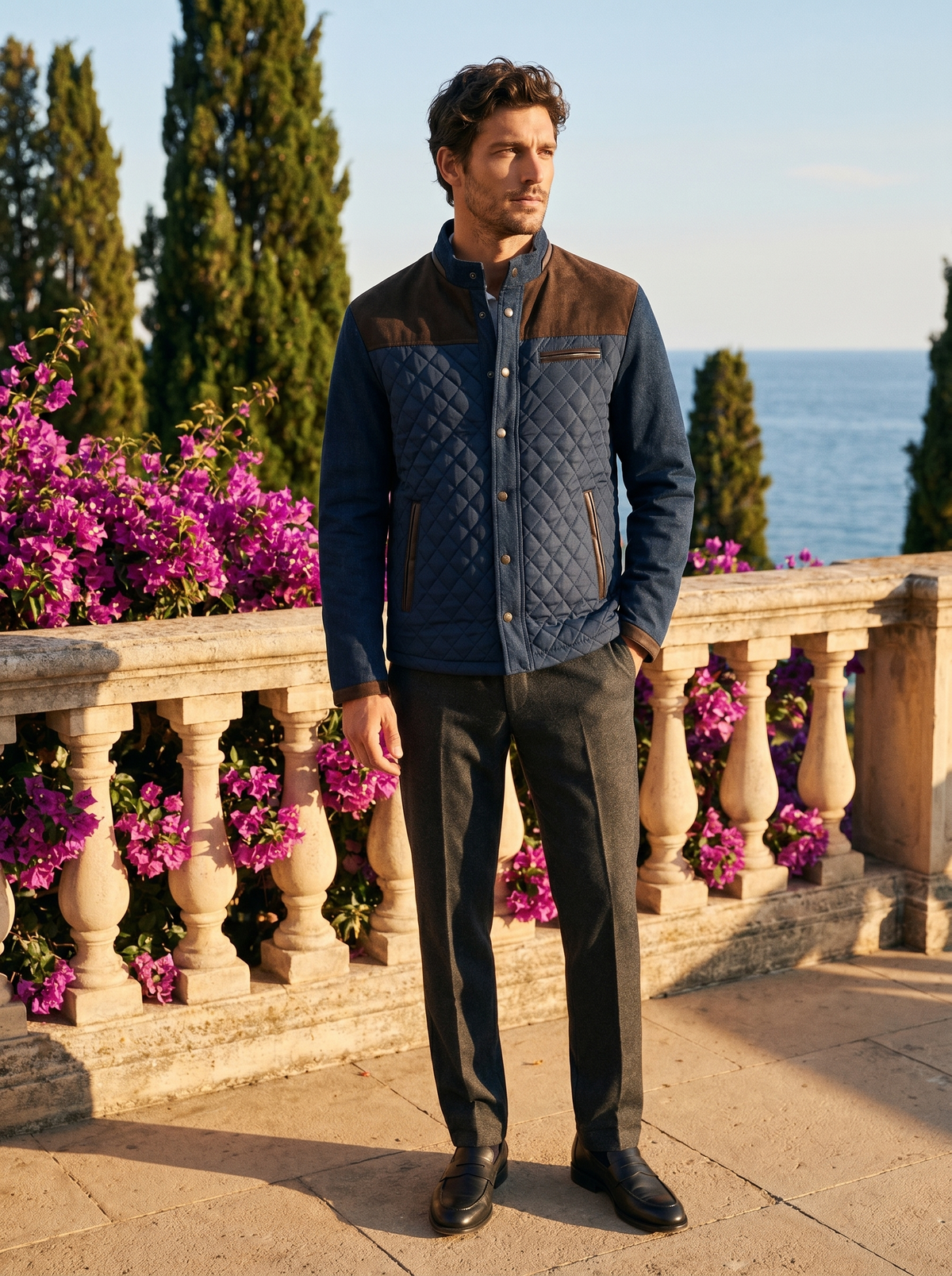 Full-length shot of a man in a quilted jacket by Lake Como — Belvoirne
