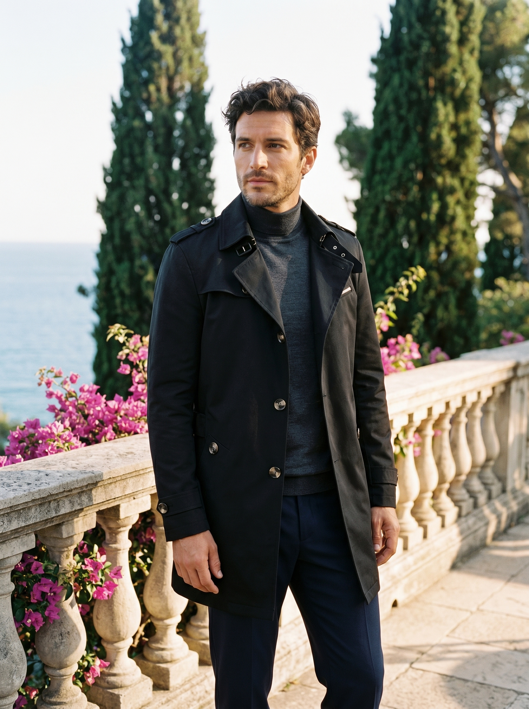 Man wearing a black cotton trench coat on a balcony overlooking Lake Como, old money style — Belvoirne