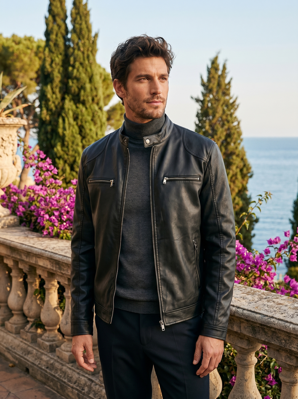 Man wearing a black leather biker jacket on a balcony overlooking Lake Como, old money style — Belvoirne