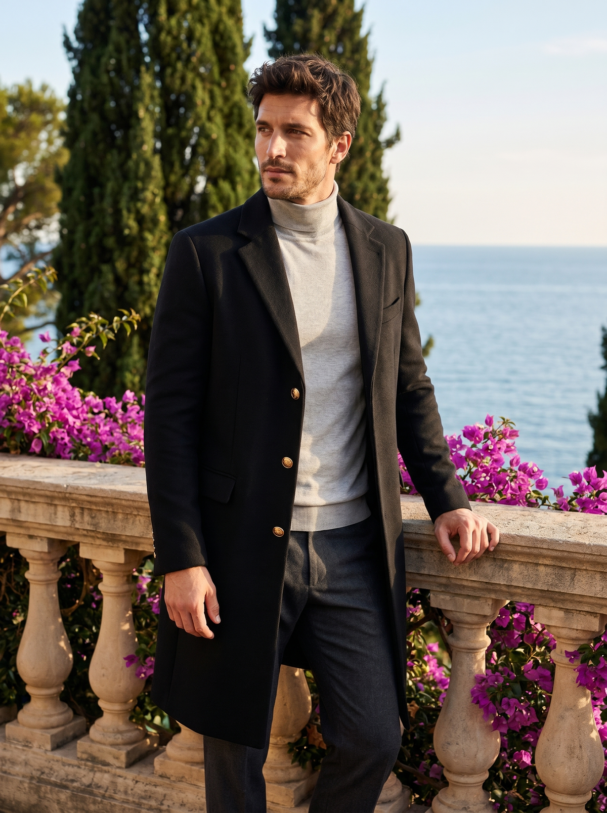 Man wearing a black single-breasted tailored coat on a balcony overlooking Lake Como, old money style — Belvoirne