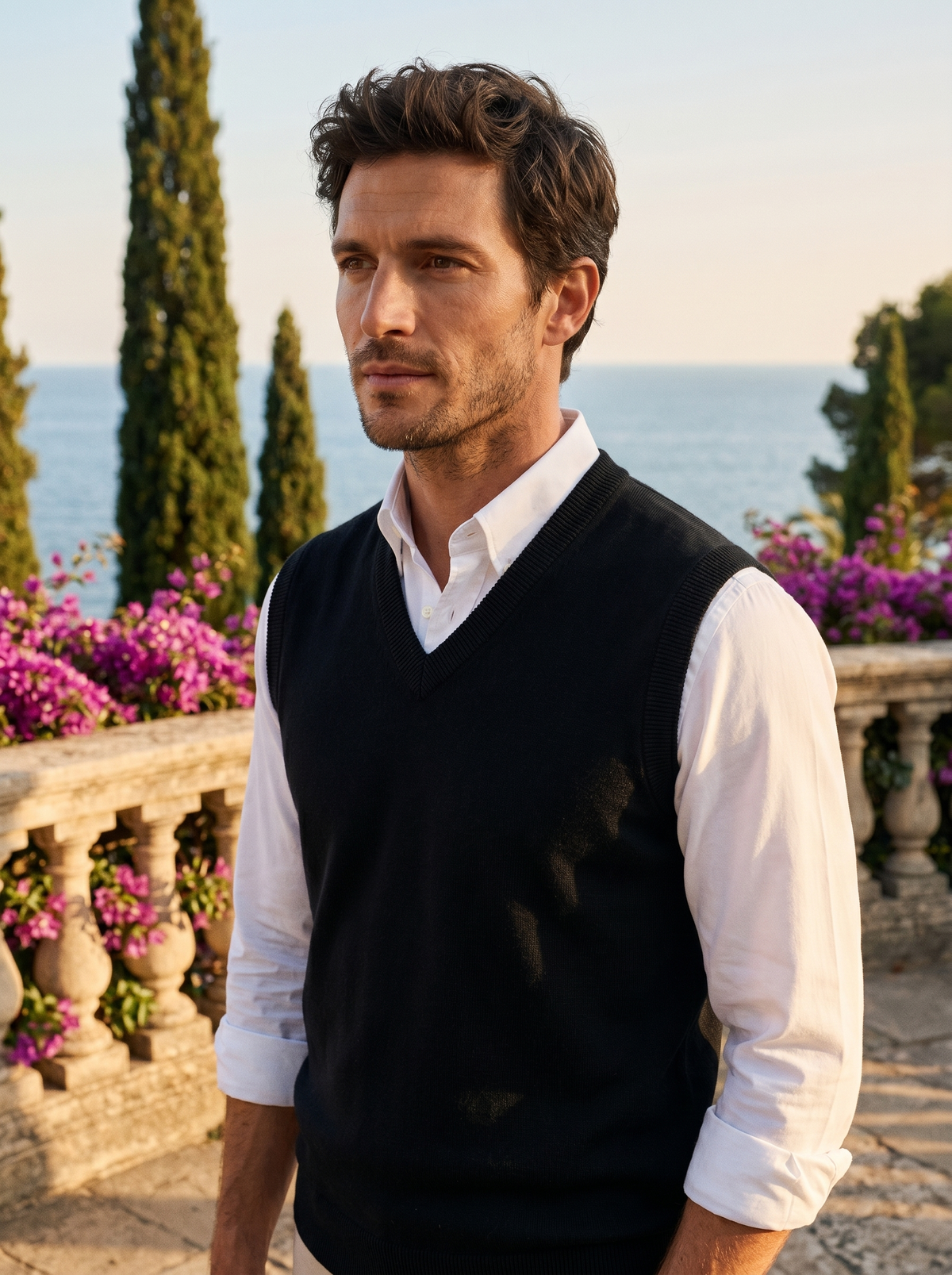 Man wearing a black wool sweater vest over a shirt on a balcony overlooking Lake Como, old money style — Belvoirne
