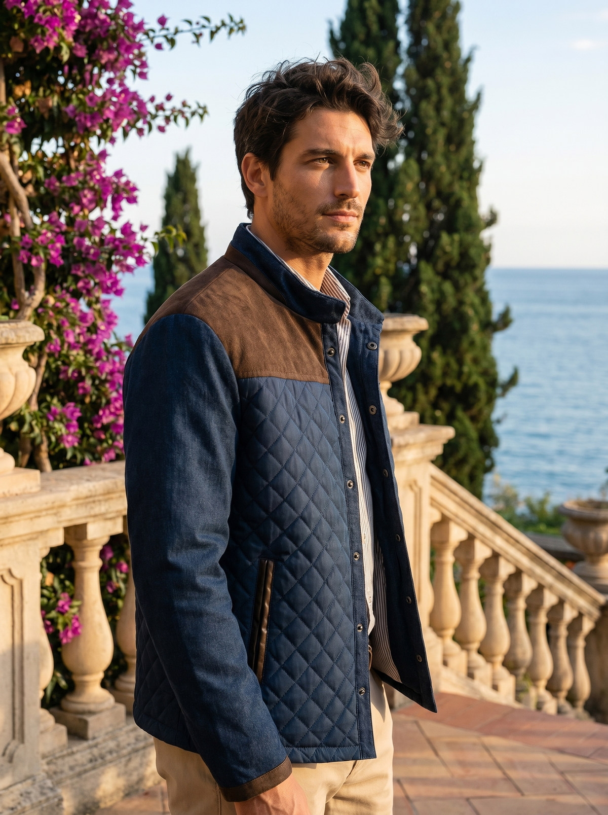Man wearing a blue and brown quilted jacket on a balcony overlooking Lake Como, old money style — Belvoirne