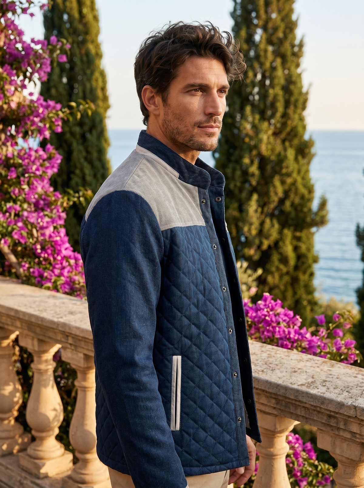 Man wearing a blue and grey quilted jacket on a balcony overlooking Lake Como, old money style — Belvoirne