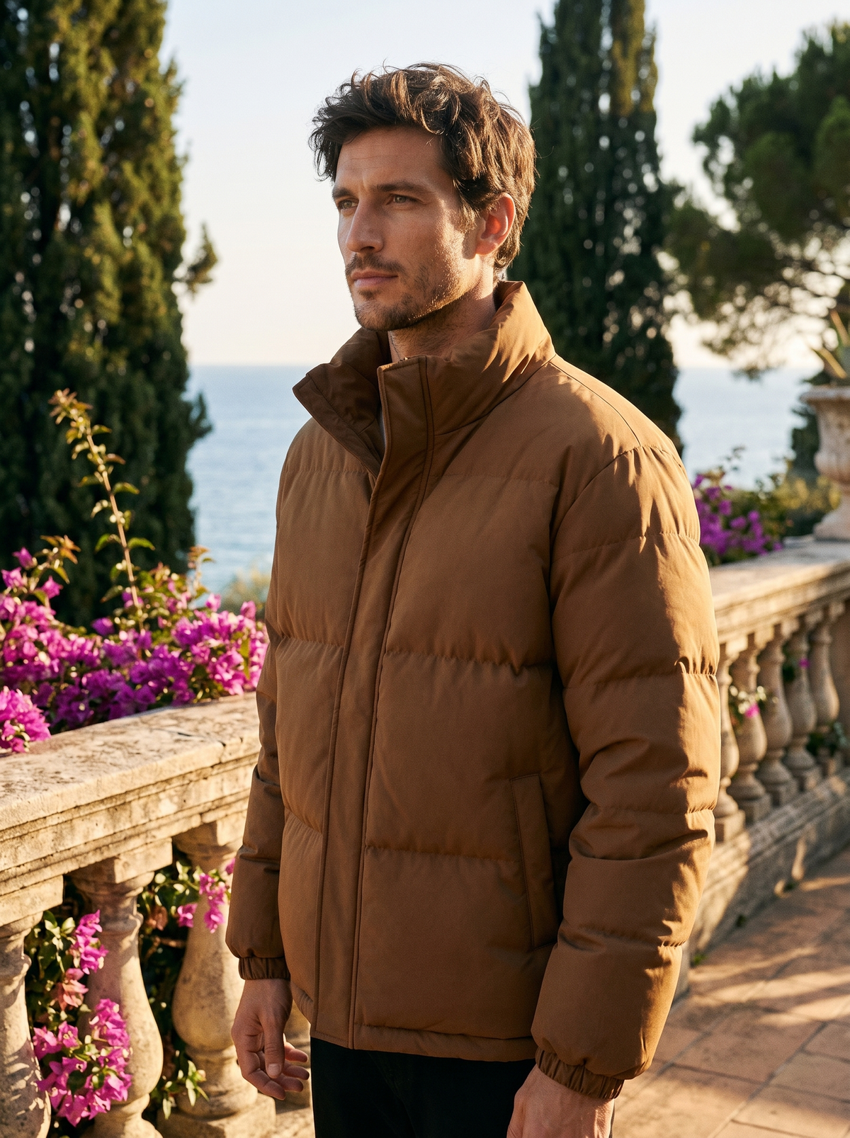 Man wearing a brown puffer jacket on a balcony overlooking Lake Como, old money style — Belvoirne
