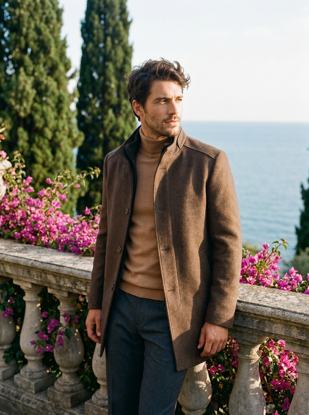 Man wearing a brown stand-collar tailored coat on a balcony overlooking Lake Como, old money style — Belvoirne