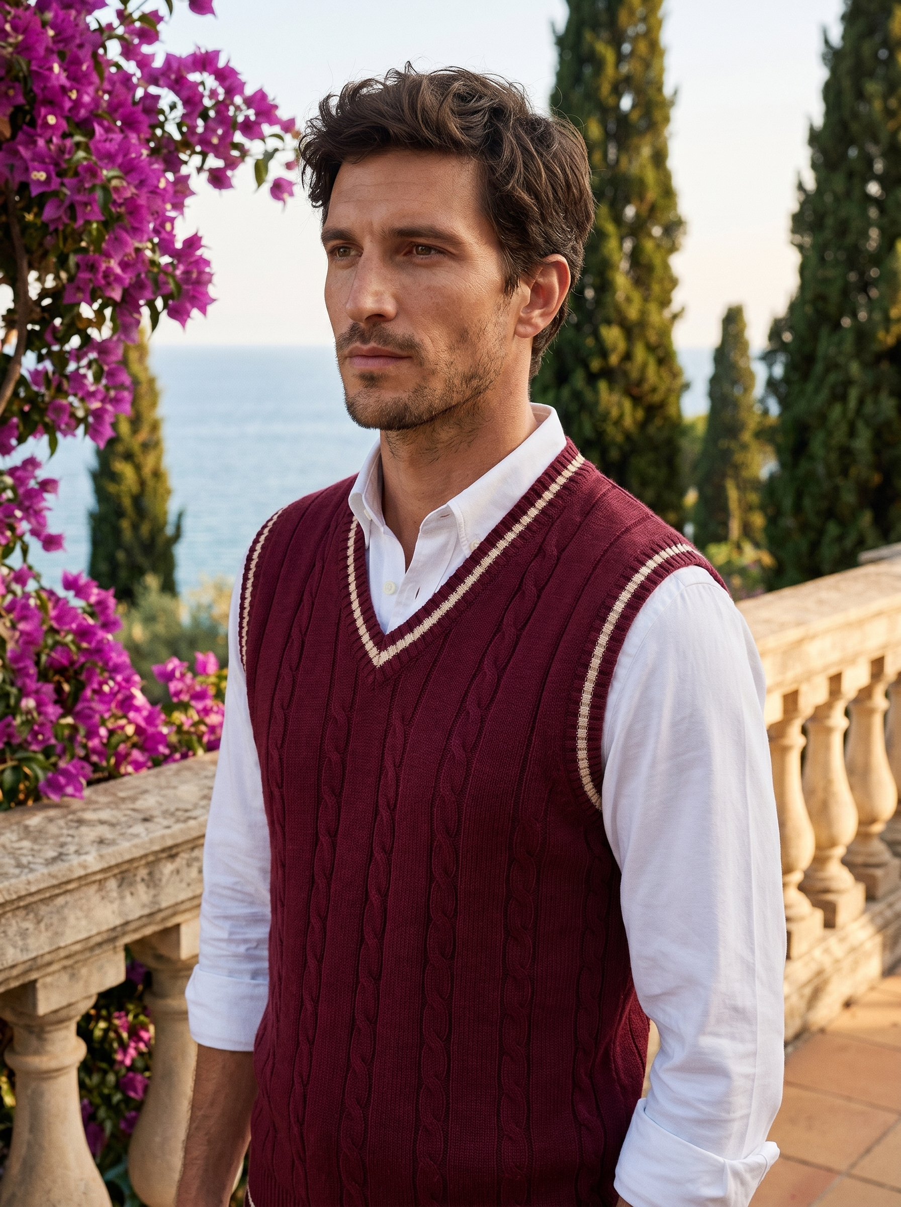 Man wearing a burgundy contrast-trim sweater vest over a shirt on a balcony overlooking Lake Como, old money style — Belvoirne