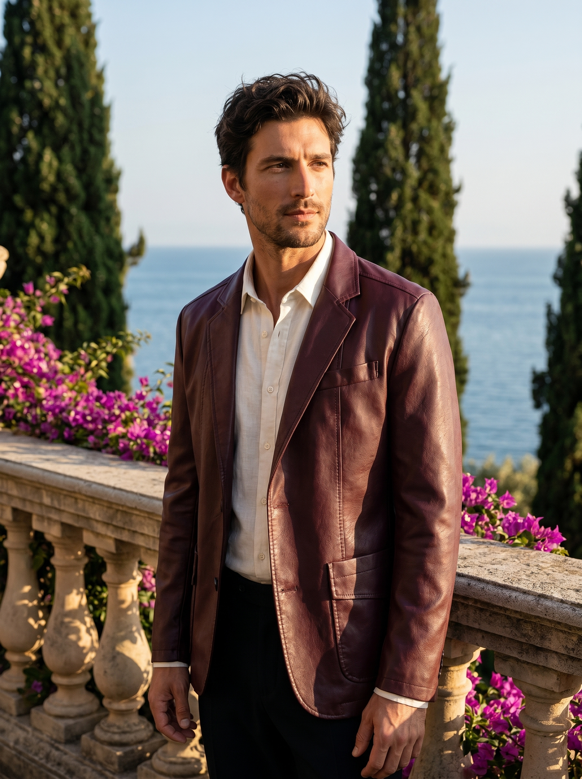 Man wearing a burgundy leather blazer jacket on a balcony overlooking Lake Como, old money style — Belvoirne