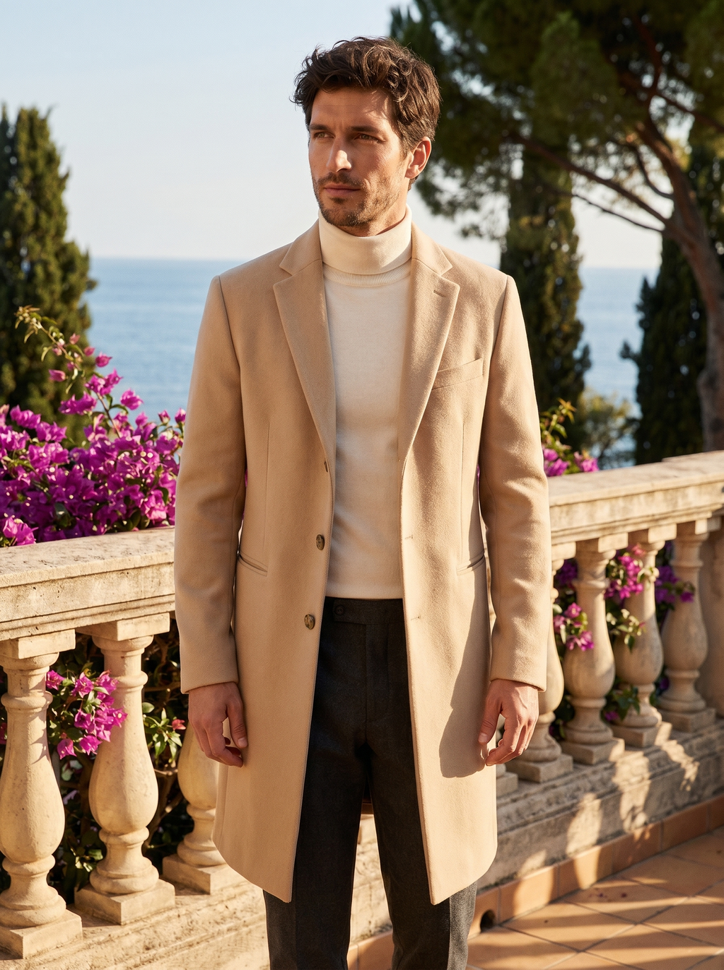 Man wearing a camel single-breasted tailored coat on a balcony overlooking Lake Como, old money style — Belvoirne