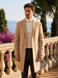 Man wearing a camel single-breasted tailored coat on a balcony overlooking Lake Como, old money style — Belvoirne