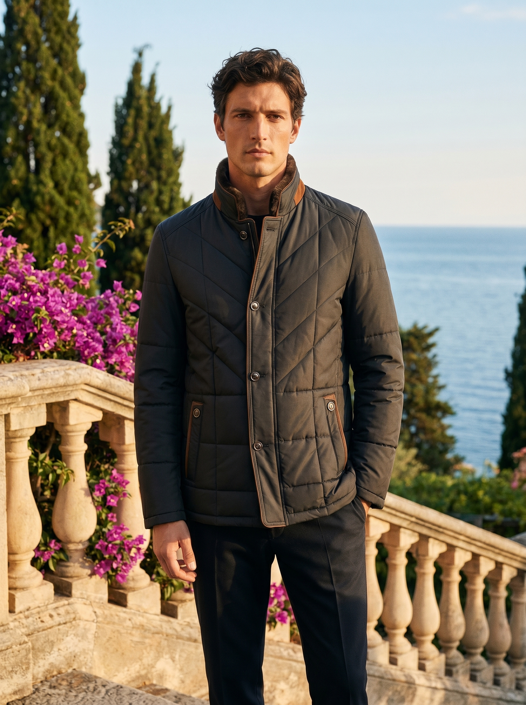 Man wearing a charcoal quilted jacket on a balcony overlooking Lake Como, old money style — Belvoirne