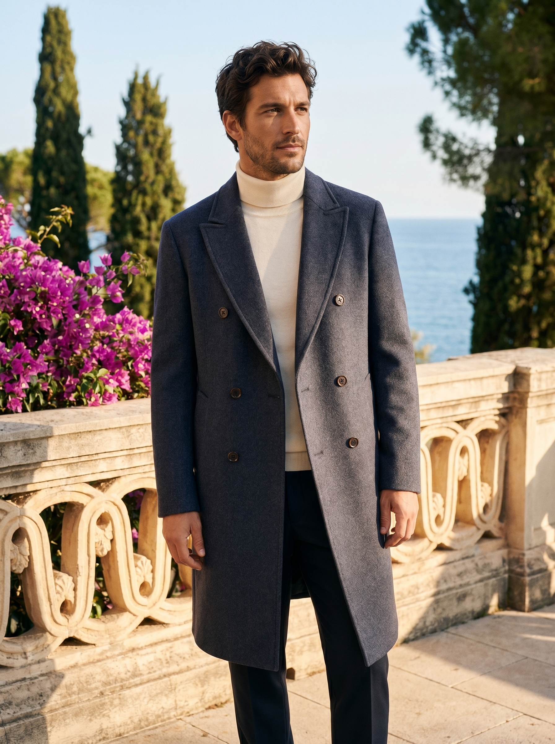 Man wearing a navy double-breasted wool coat on a balcony overlooking Lake Como, old money style — Belvoirne