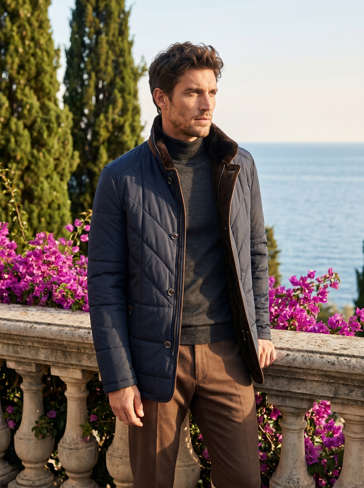 Man wearing a navy quilted jacket on a balcony overlooking Lake Como, old money style — Belvoirne