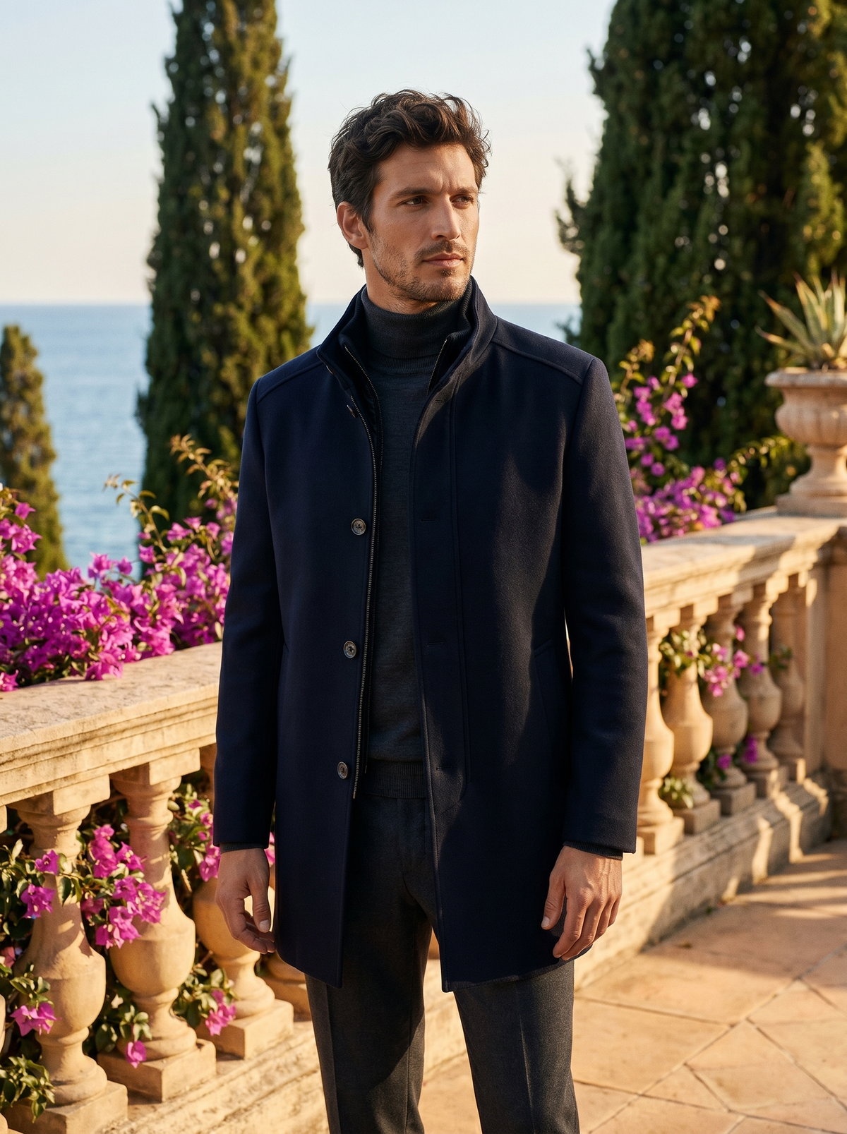 Man wearing a navy stand-collar tailored coat on a balcony overlooking Lake Como, old money style — Belvoirne