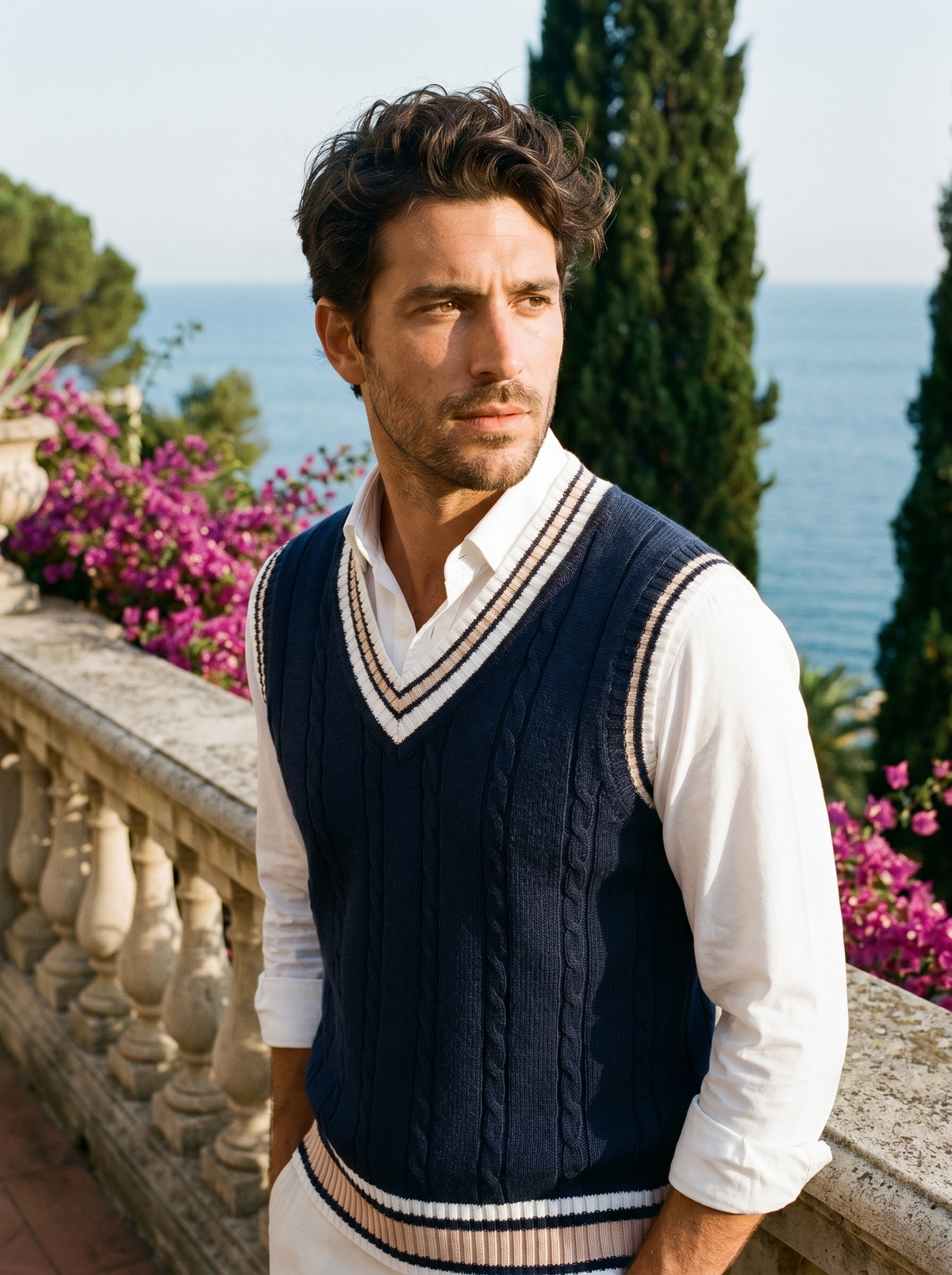 Man wearing a navy with white stripe contrast-trim sweater vest over a shirt on a balcony overlooking Lake Como, old money style — Belvoirne