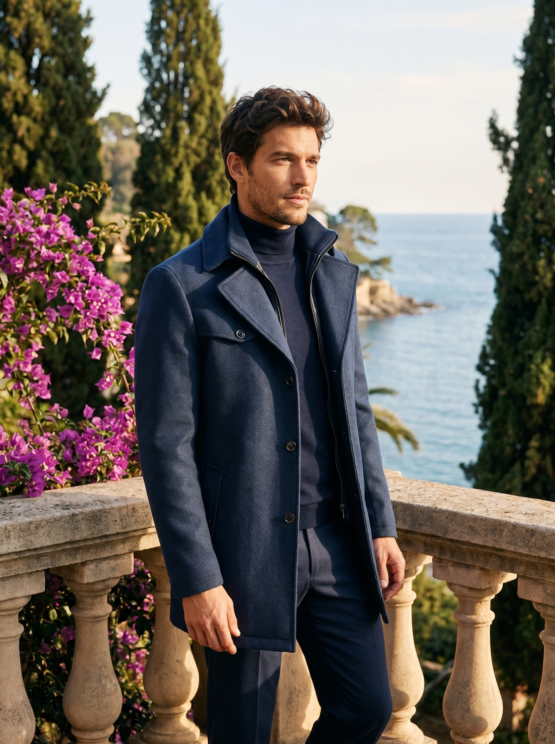 Man wearing a navy wool double-collar coat on a balcony overlooking Lake Como, old money style — Belvoirne