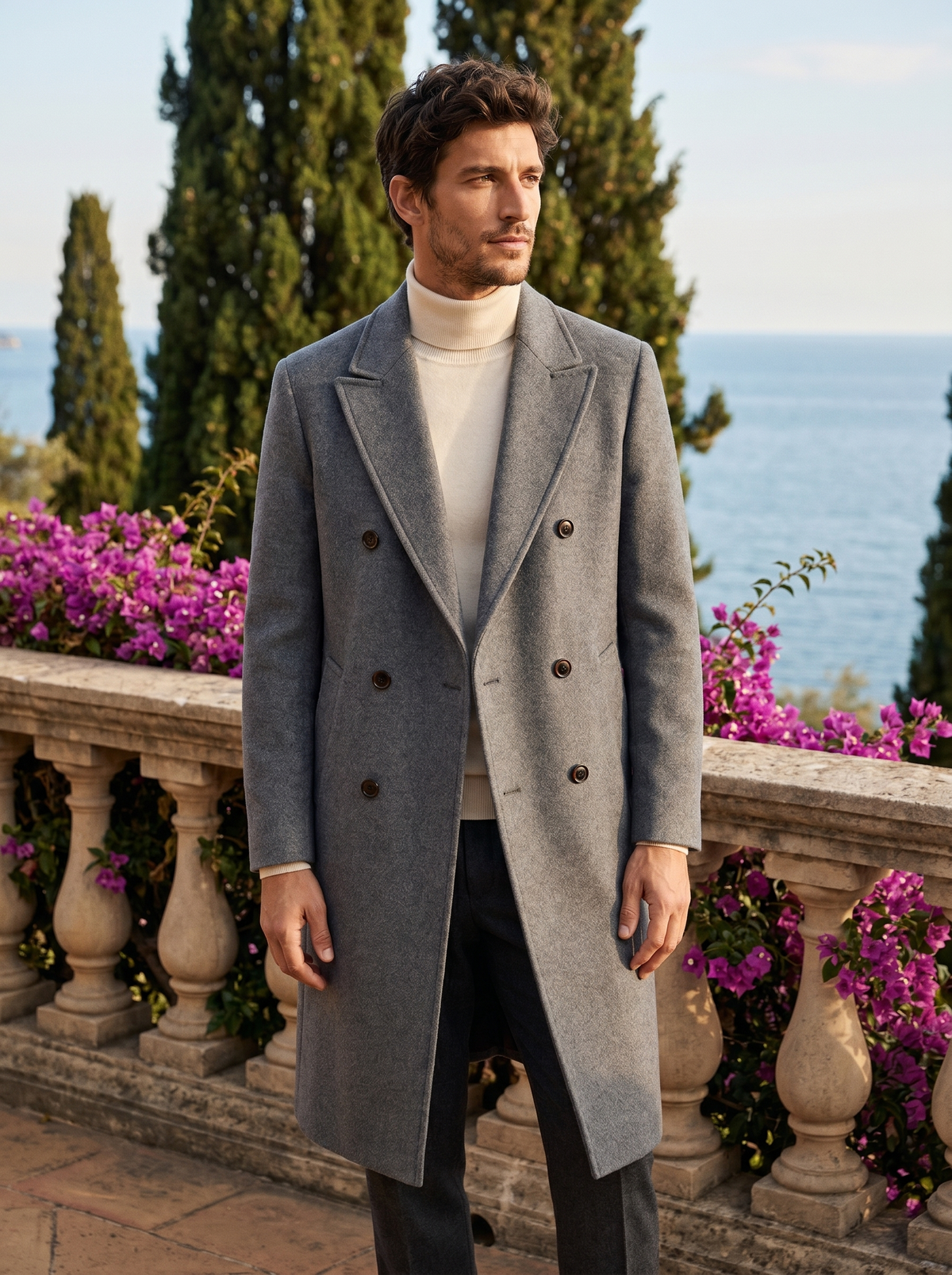 Man wearing a silver grey double-breasted wool coat on a balcony overlooking Lake Como, old money style — Belvoirne